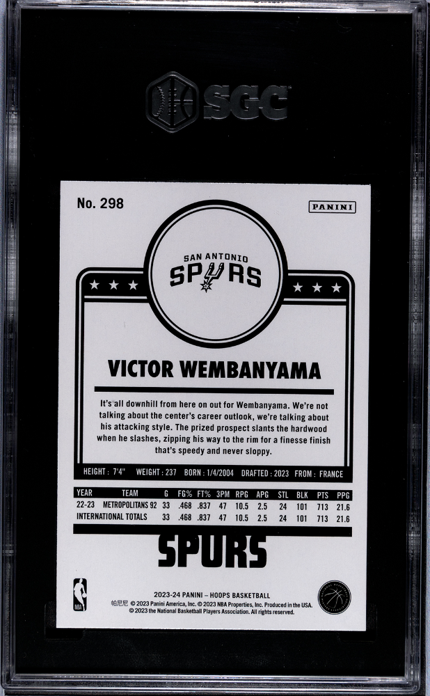 2023 Panini Hoops Victor Wembanyama Rookie #298 SGC 9.5 San Antonio Spurs - Graded Sports Cards