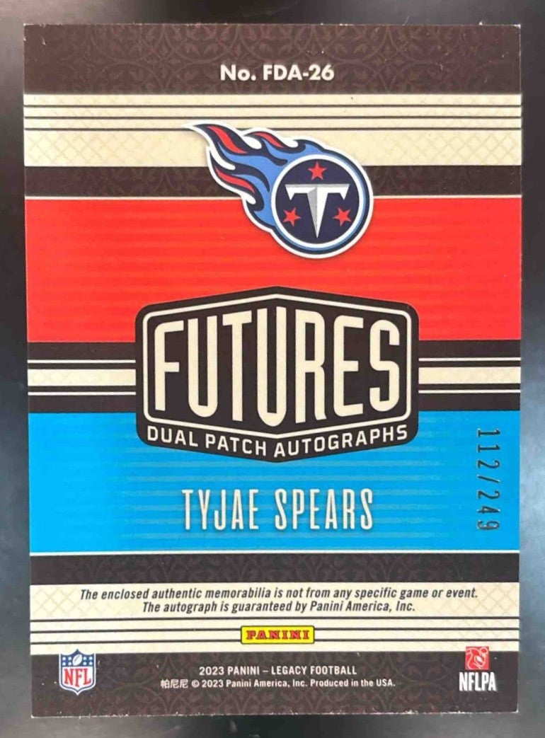 2023 Panini Legacy Tyjae Spears Futures Dual Patch Auto /249 MEM RC Titans - Sports Cards