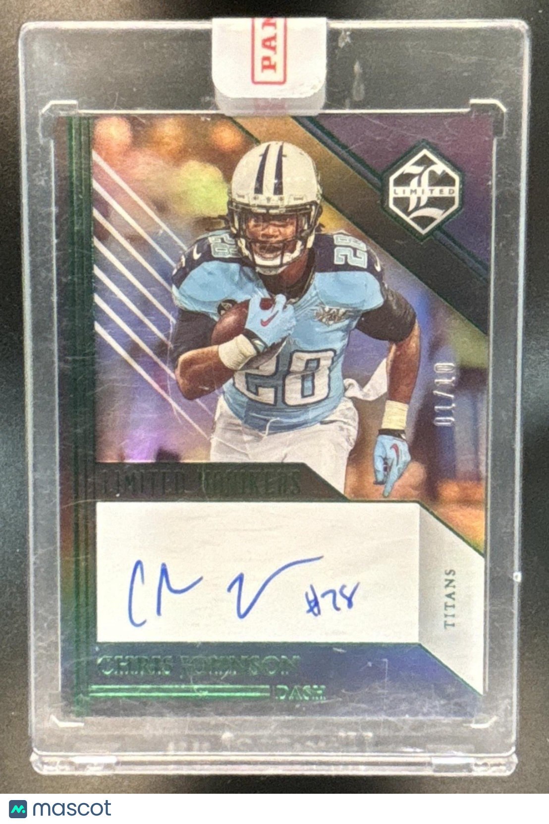 2023 Panini Limited Chris Johnson Monikers Emerald Auto 1/10 Tennessee Titans - Sports Cards
