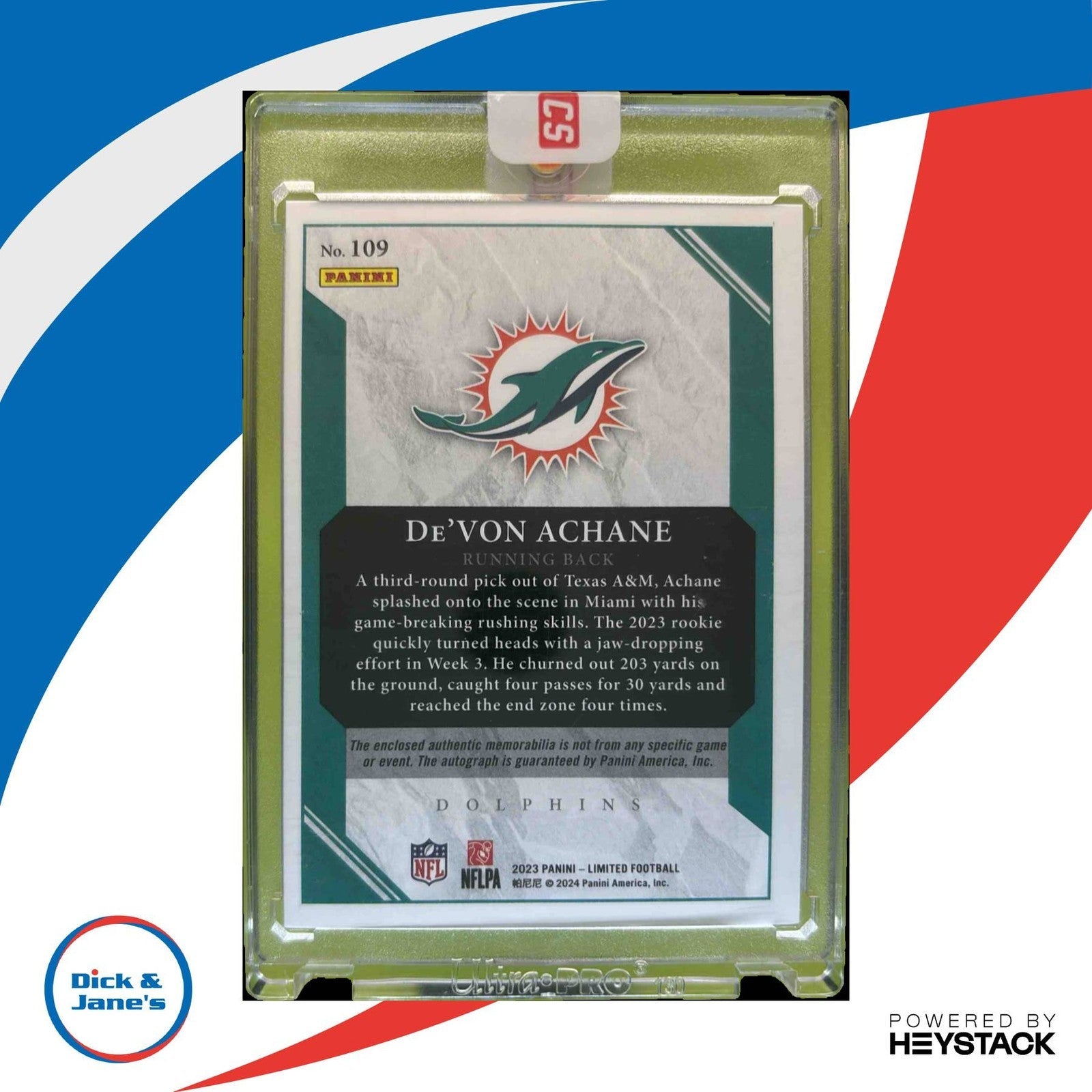 2023 Panini Limited De’Von Achane Ruby Spotlight /49 #109 RC Auto Miami Dolphins - Sports Cards