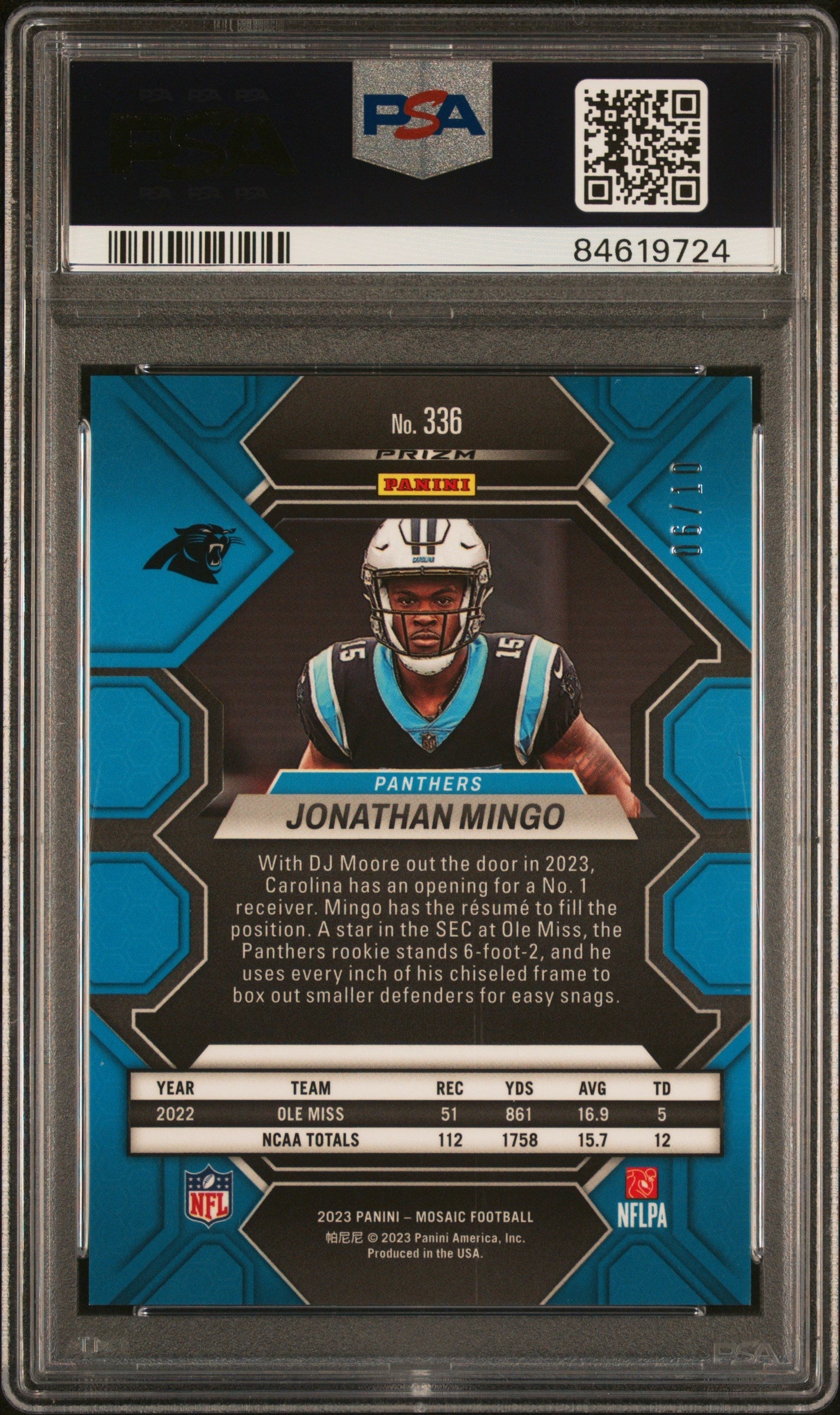 2023 Panini Mosaic Jonathan Mingo Pink Fluorescent /10 #336 PSA 9 - Graded Sports Cards