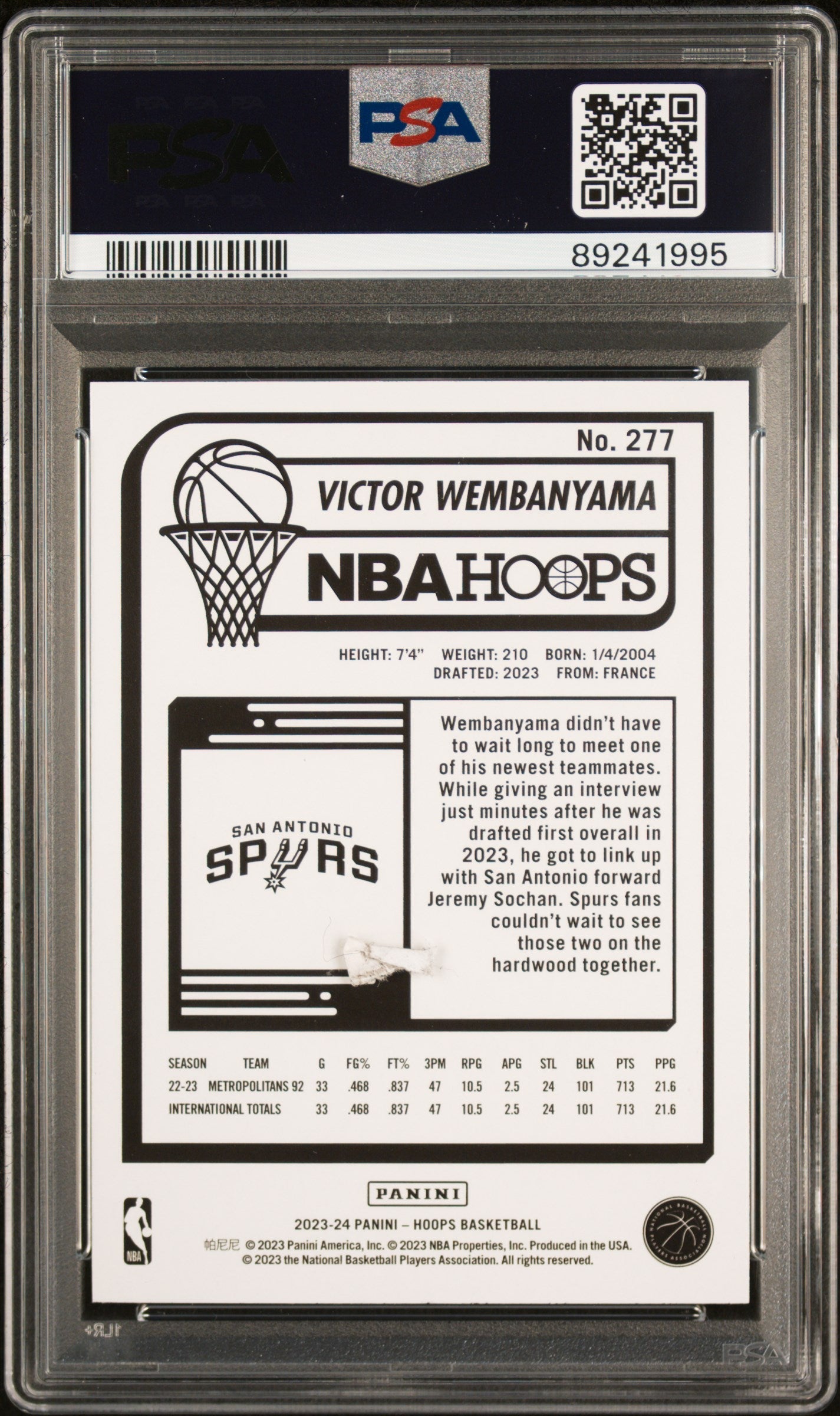 2023 Panini NBA Hoops Victor Wembanyama Rookie #277 PSA 10 GEM MINT San Antonio - Graded Sports Cards