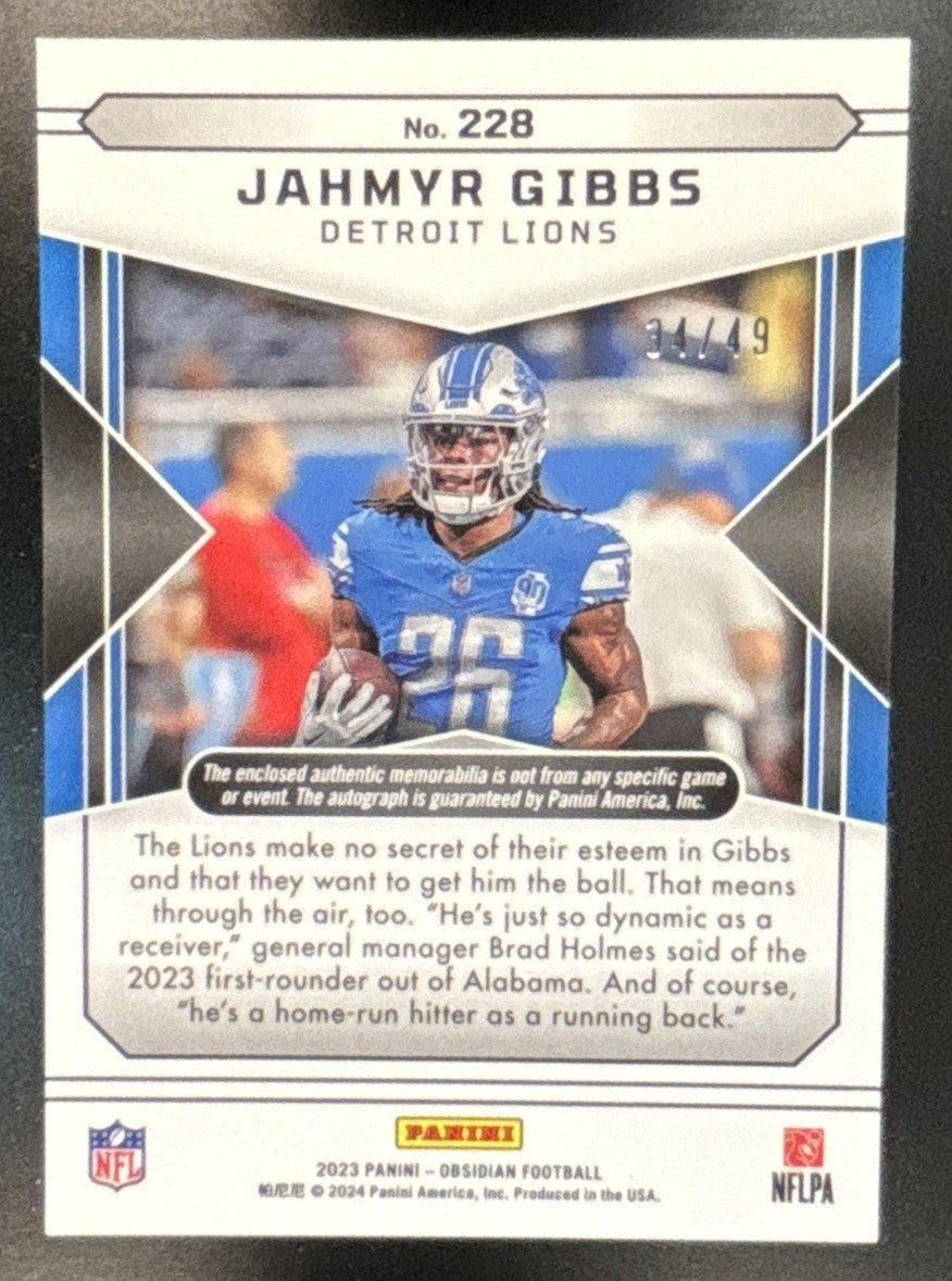 2023 Panini Obsidian Jahmyr Gibbs Patch Auto /49 #228 MEM RC Detroit Lions - Sports Cards