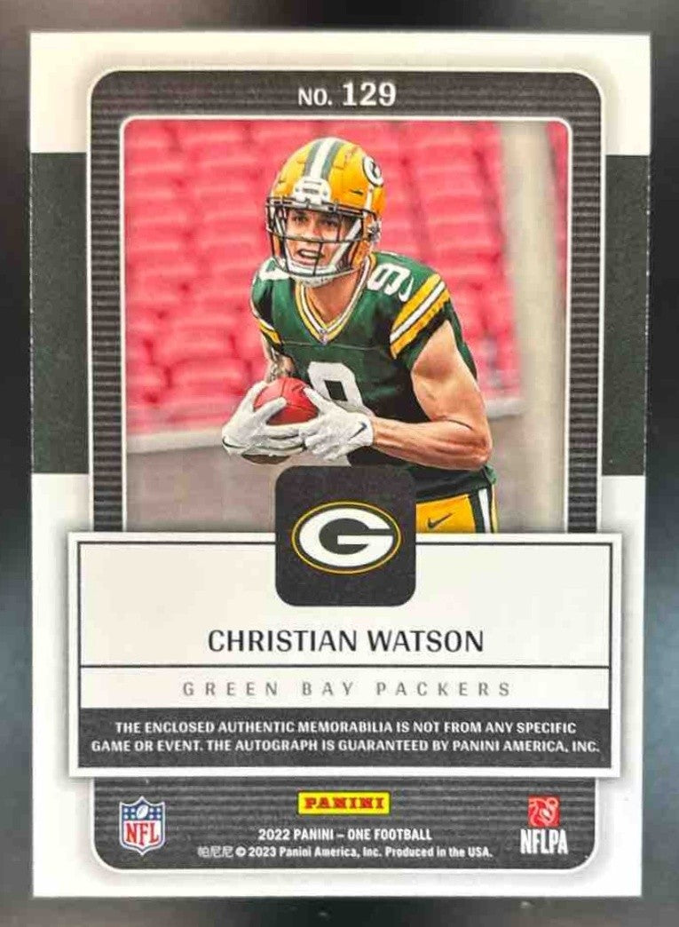 2023 Panini One Christian Watson 2022 Premium Rookie Patch Auto /25 MEM Packers - Sports Cards