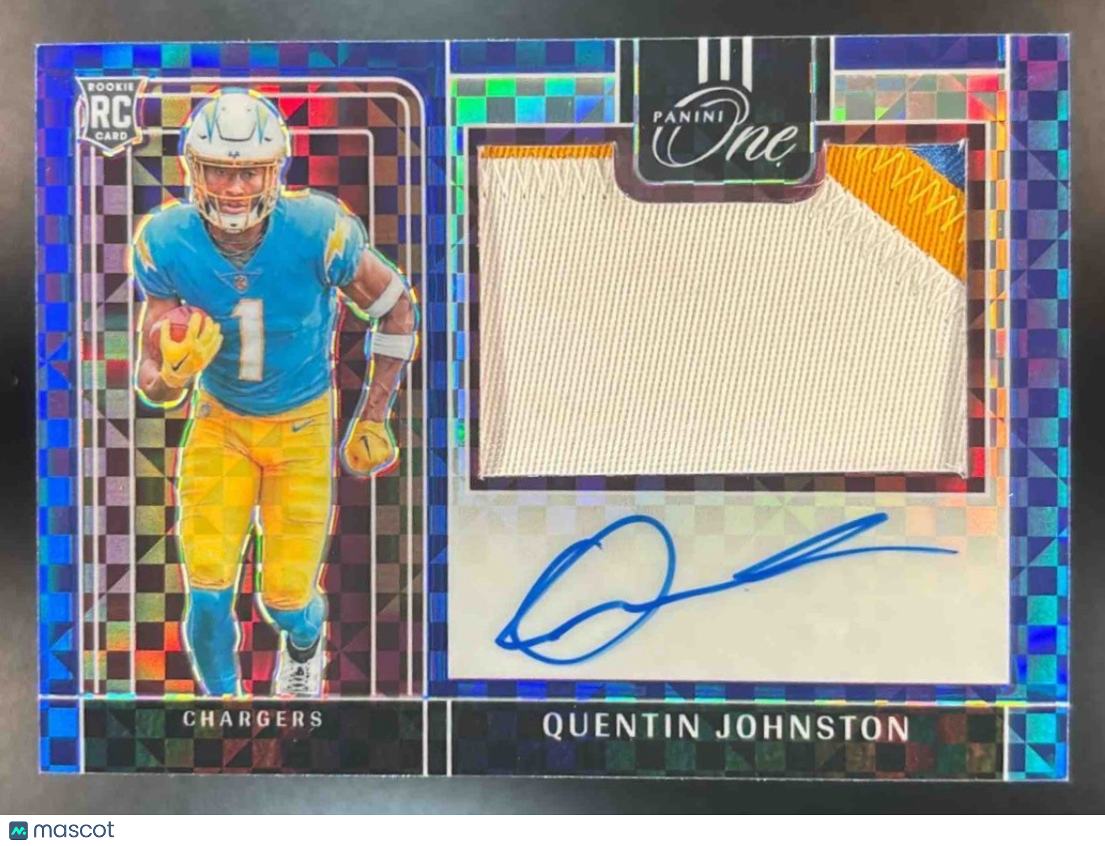 2023 Panini One Quentin Johnston Blue /75 #308 Rookie Patch Auto MEM RC Chargers - Sports Cards