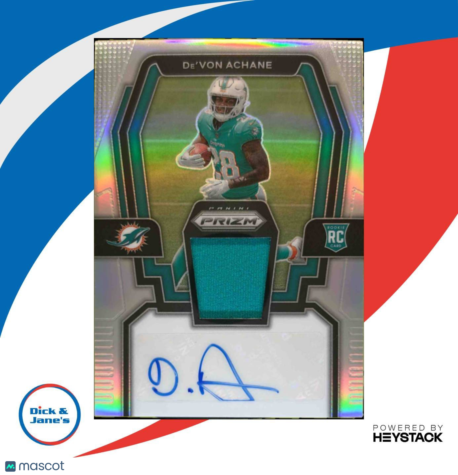 2023 Panini Prizm De’Von Achane Rookie Patch Auto Silver 57/99 MEM RC Dolphins - Sports Cards