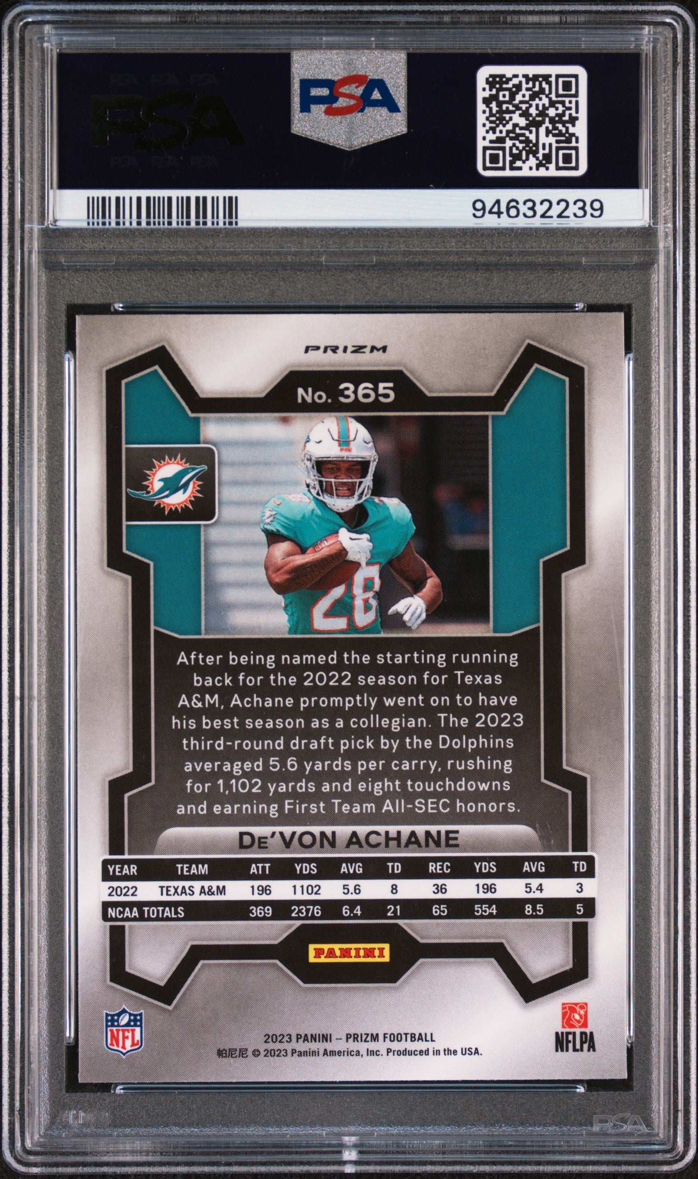 2023 Panini Prizm De’von Achane Silver Rookie #365 PSA 9 MINT Miami Dolphins - Graded Sports Cards