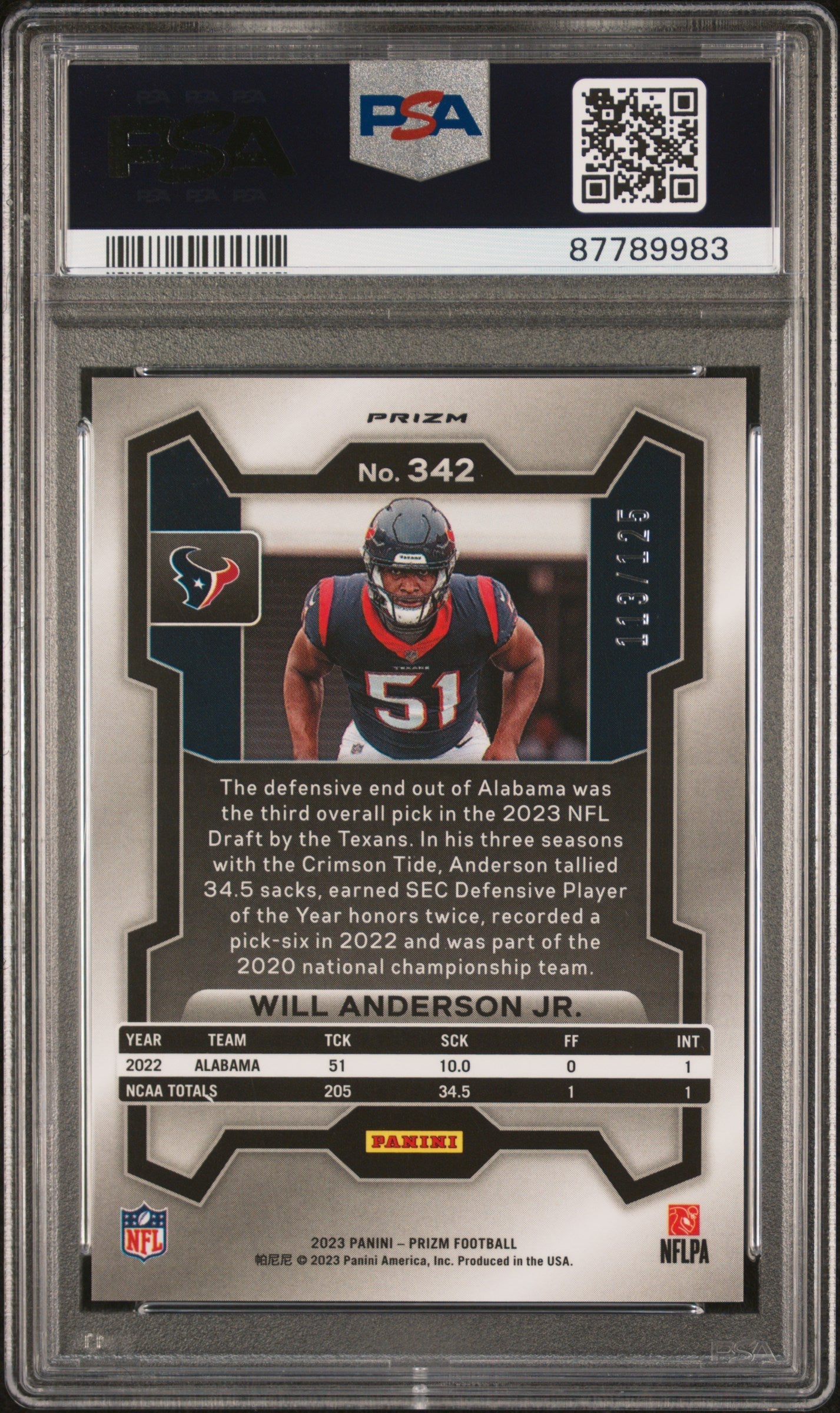 2023 Panini Prizm Will Anderson JR. Purple #342 PSA 10 /125 - Graded Sports Cards