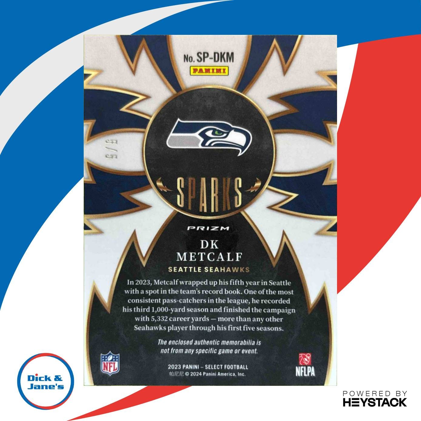 2023 Panini Select DK Metcalf Sparks Green Prizm 5/5 SP-DKM MEM Seattle Seahawks - Sports Cards