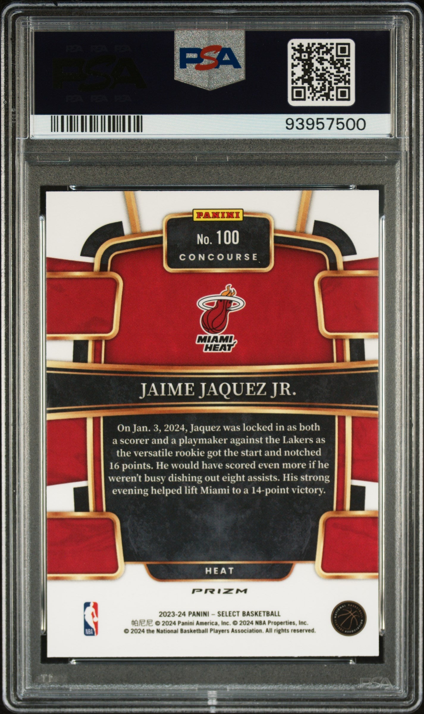 2023 Panini Select Jaime Jaquez JR. Green White Purple Prizm #100 PSA 10 - Graded Sports Cards