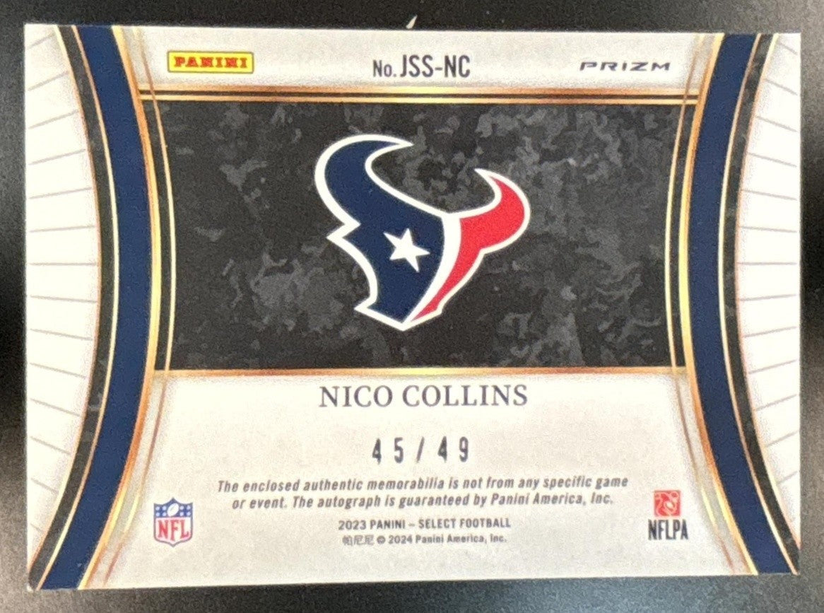 2023 Panini Select Nico Collins Jumbo Patch Auto /49 MEM Auto Houston Texans - Sports Cards
