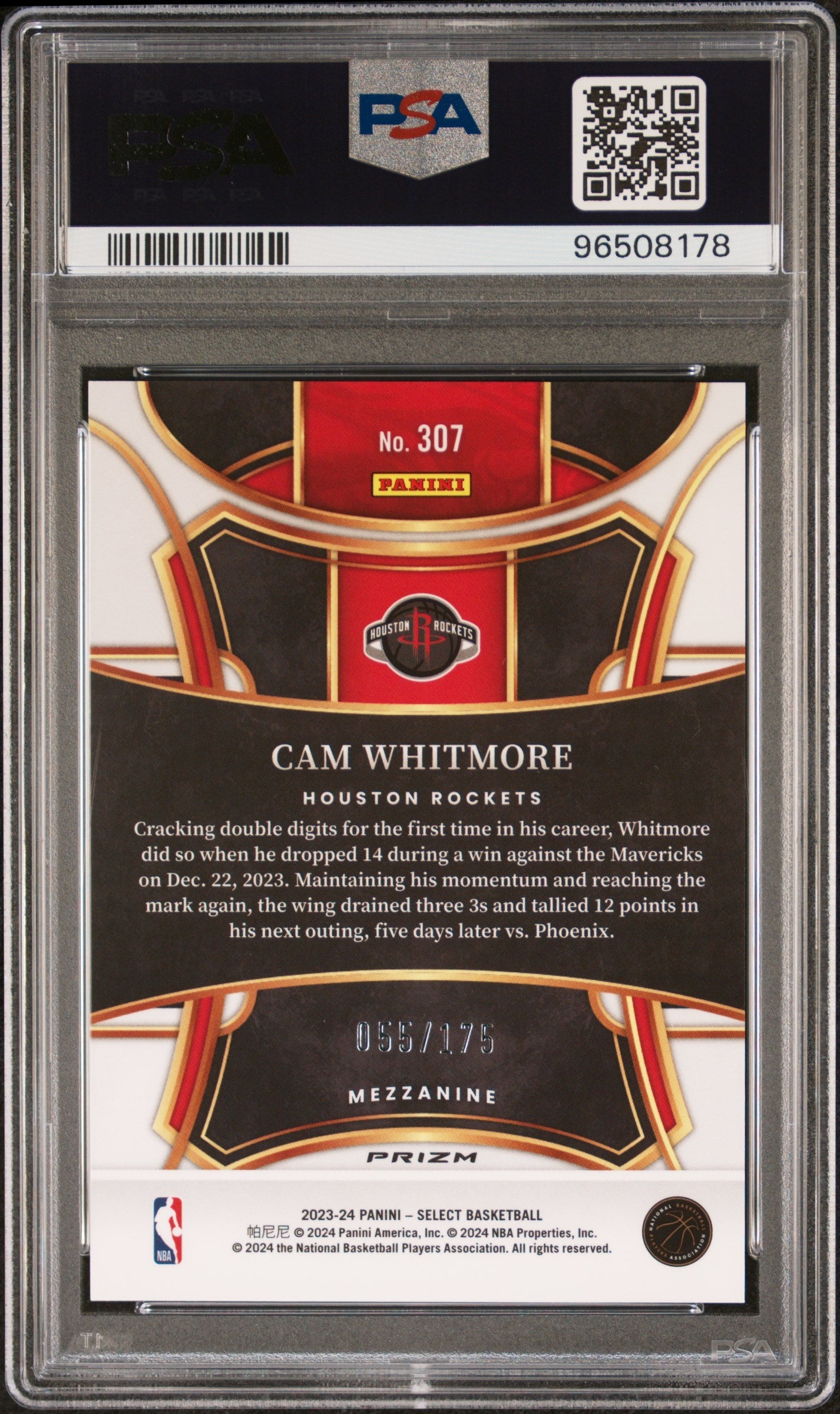 2023 Panini Select Rookie Cam Whitmore Maroon Prizm #307 /175 PSA 10 - Graded Sports Cards