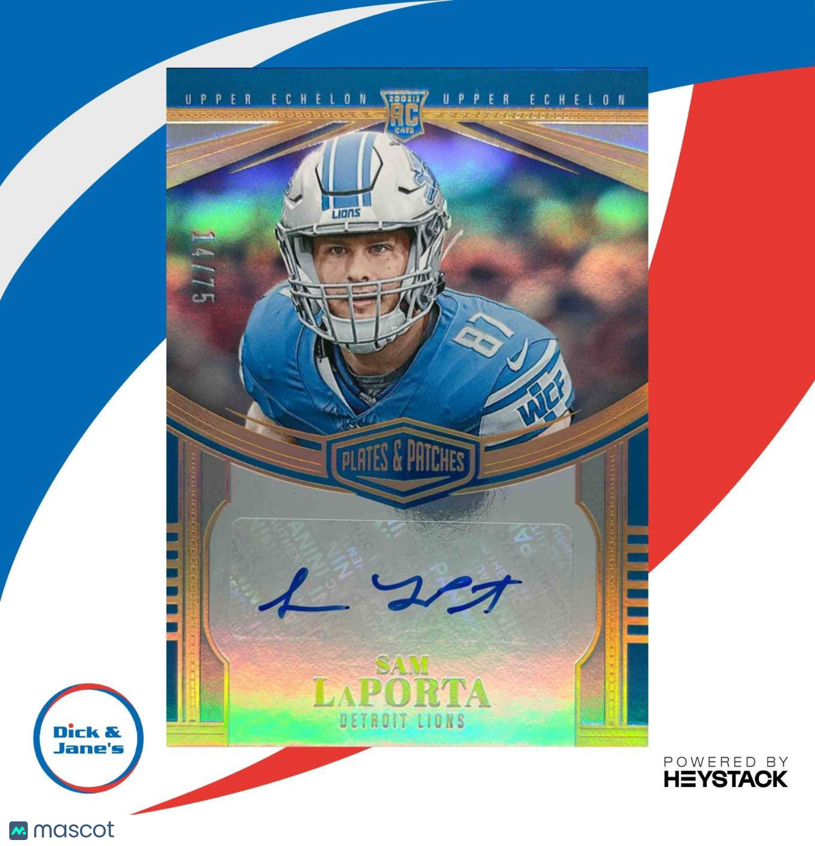 2023 Plates & Patches Sam LaPorta Rookie Upper Echelon Gold /75 RC Auto Lions - Sports Cards