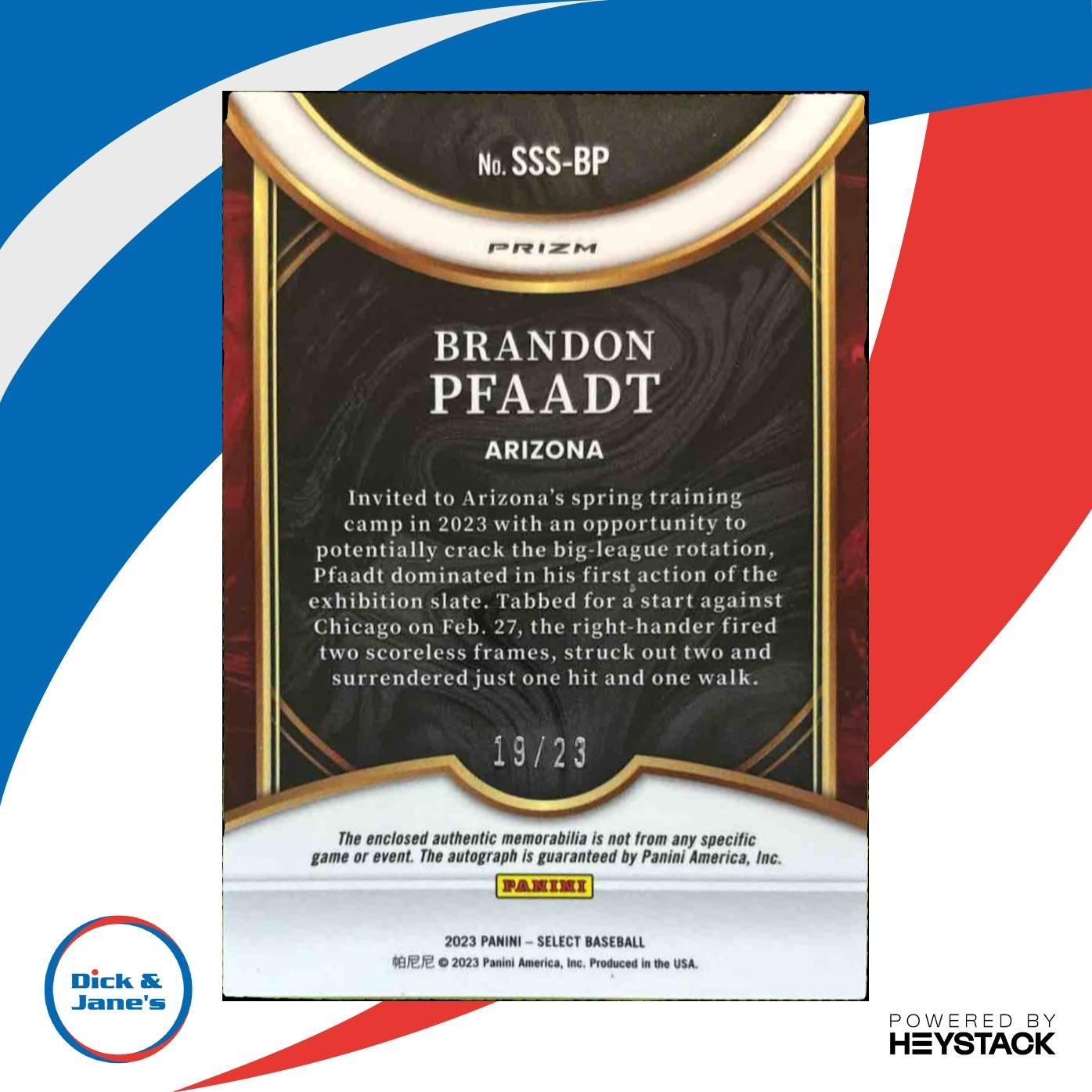 2023 Select Brandon Pfaadt Swatches Signatures Cracked Ice /23 RC Diamondbacks - Sports Cards