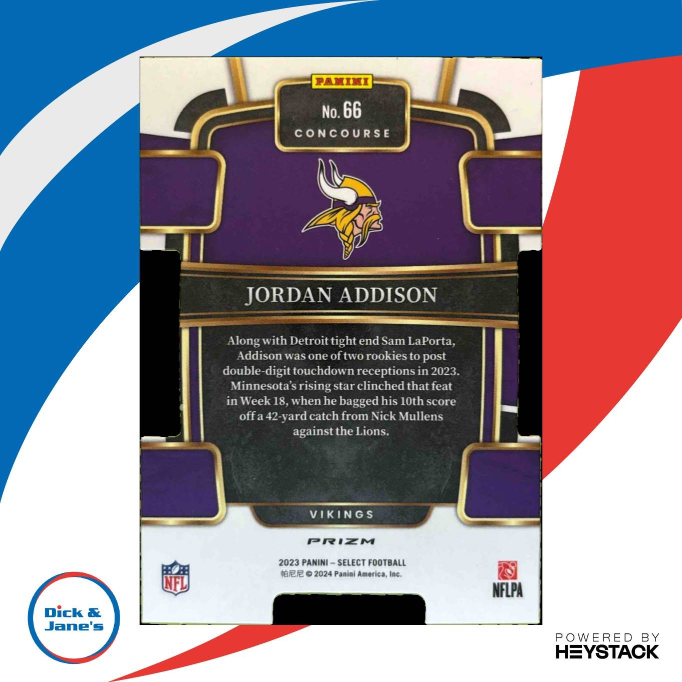 2023 Select Jordan Addison Red and Yellow Prizm Die Cut #66 RC Concourse Vikings - Sports Cards