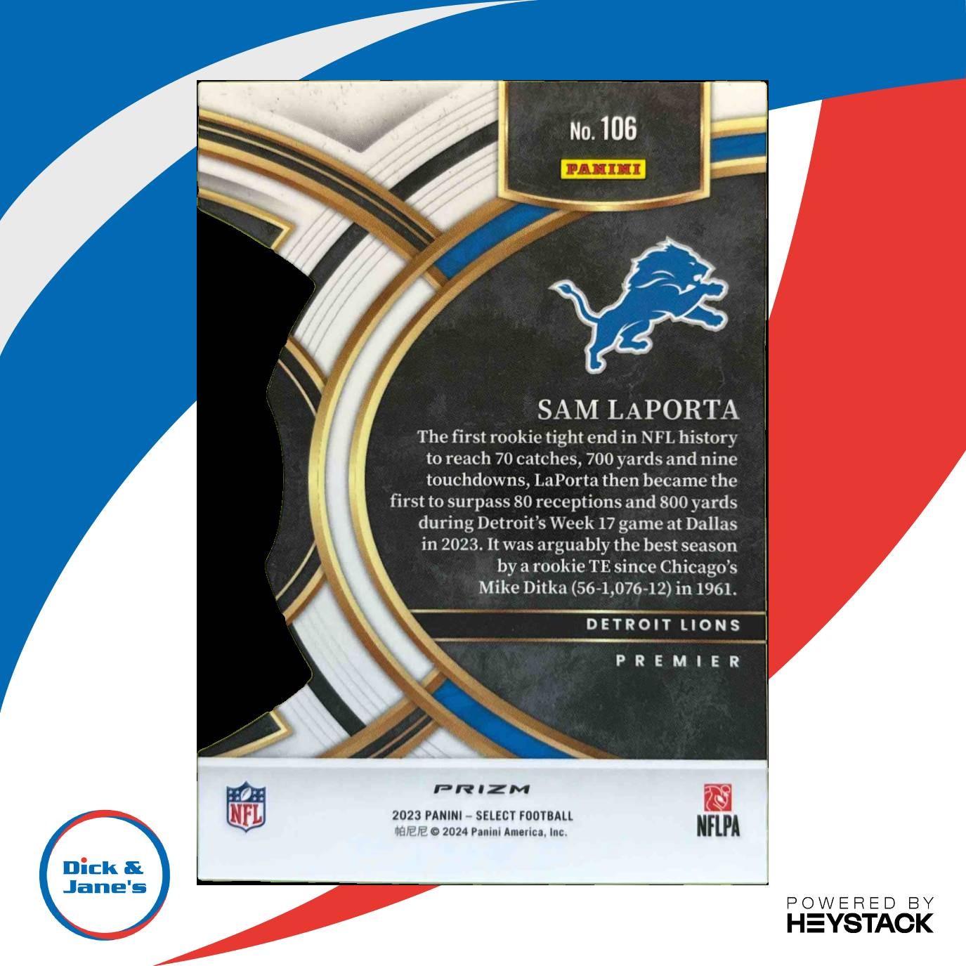 2023 Select Sam LaPorta Black and Gold Prizms Die Cut #106 RC Detroit Lions - Sports Cards