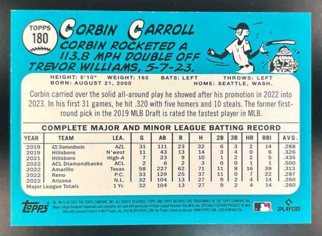 2023 Topps Archives Corbin Carroll Green Foil /99 #180 RC Arizona Diamondbacks - Sports Cards