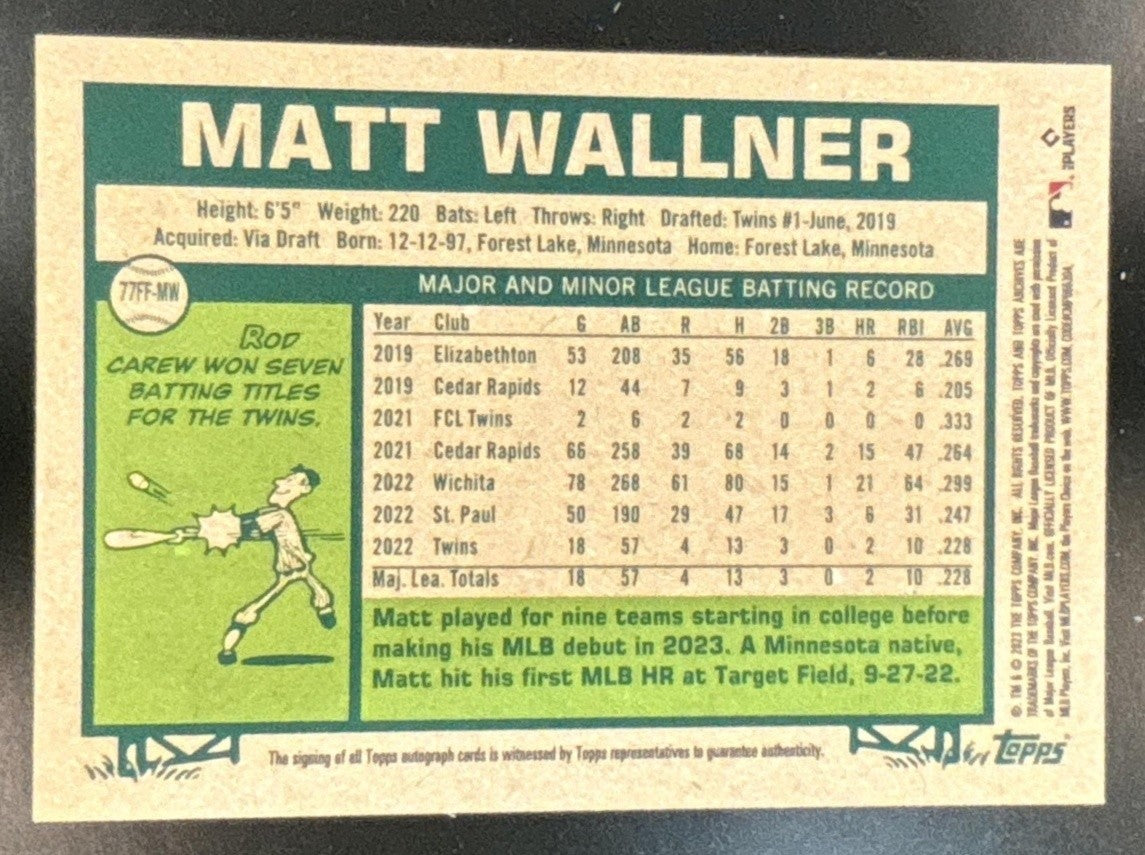2023 Topps Archives Matt Wallner Fan Favorites Auto #77FF-MW RC Minnesota Twins - Sports Cards