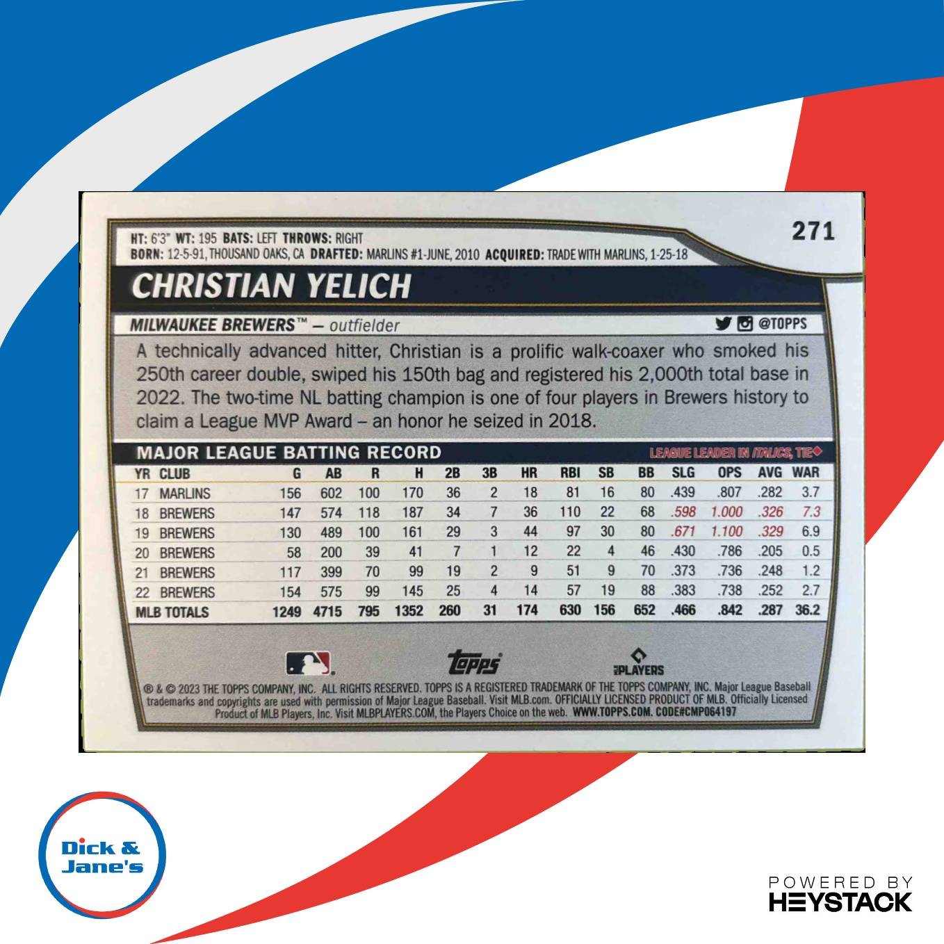 2023 Topps Big League Christian Yelich #271 Milwaukee Brewers - Sports Cards