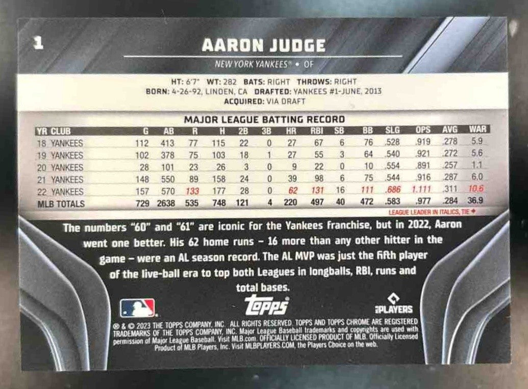 2023 Topps Chrome Black Aaron Judge Purple Mini Diamond /150 #1 New York Yankees - Sports Cards