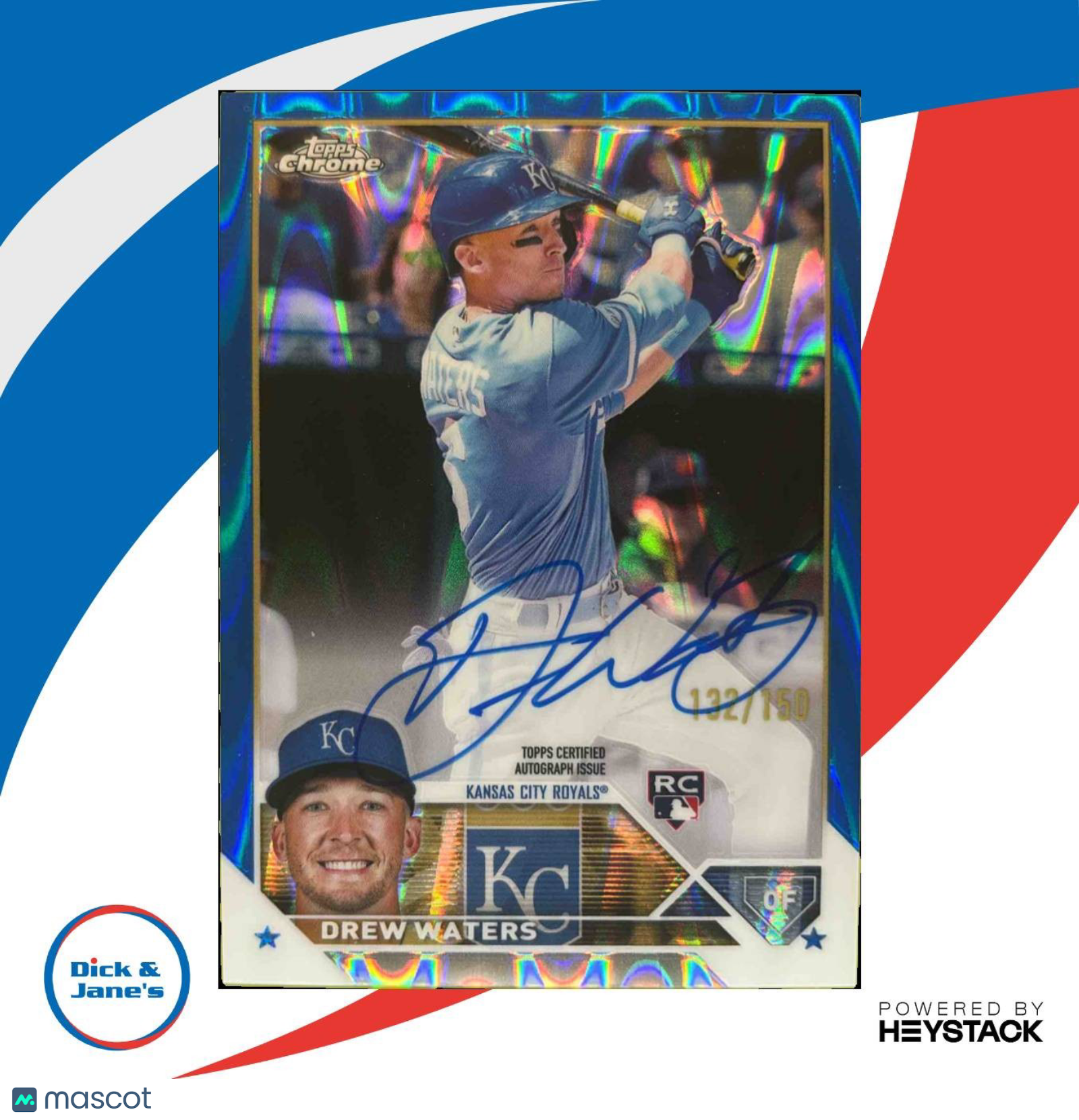 2023 Topps Chrome Drew Waters Rookie Auto Blue Ray Wave Refractor /150 KC Royals - Sports Cards