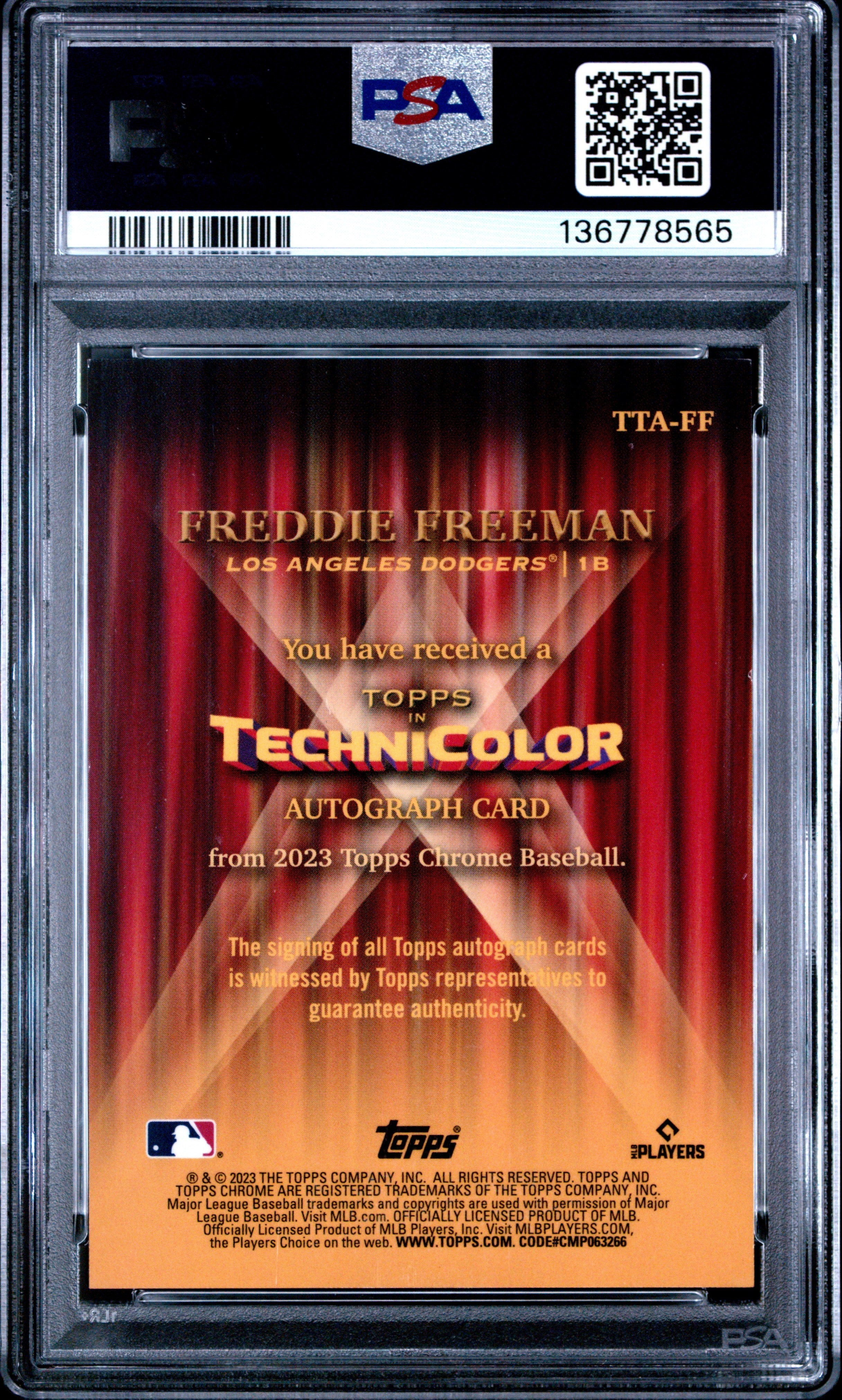 2023 Topps Chrome In Technicolor Auto Freddie Freeman Orange Refractor 025 PSA 9 - Graded Sports Cards