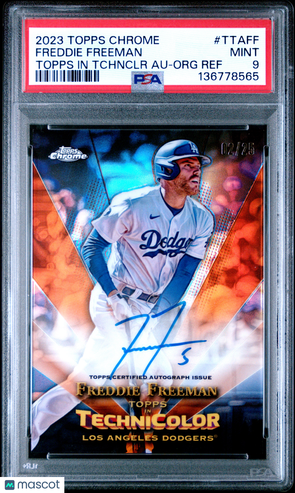 2023 Topps Chrome In Technicolor Auto Freddie Freeman Orange Refractor 025 PSA 9 - Graded Sports Cards