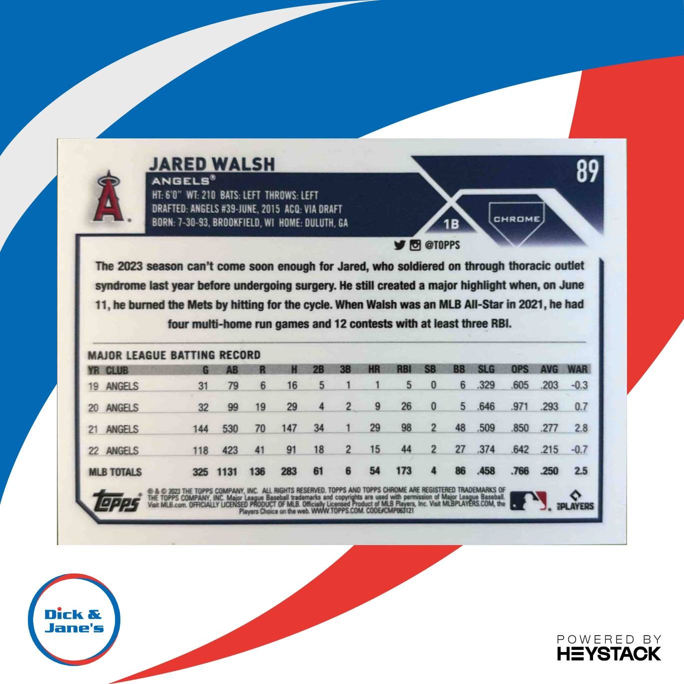 2023 Topps Chrome Jared Walsh Purple Sonar Refractor 262/275 Los Angeles Angels - Sports Cards