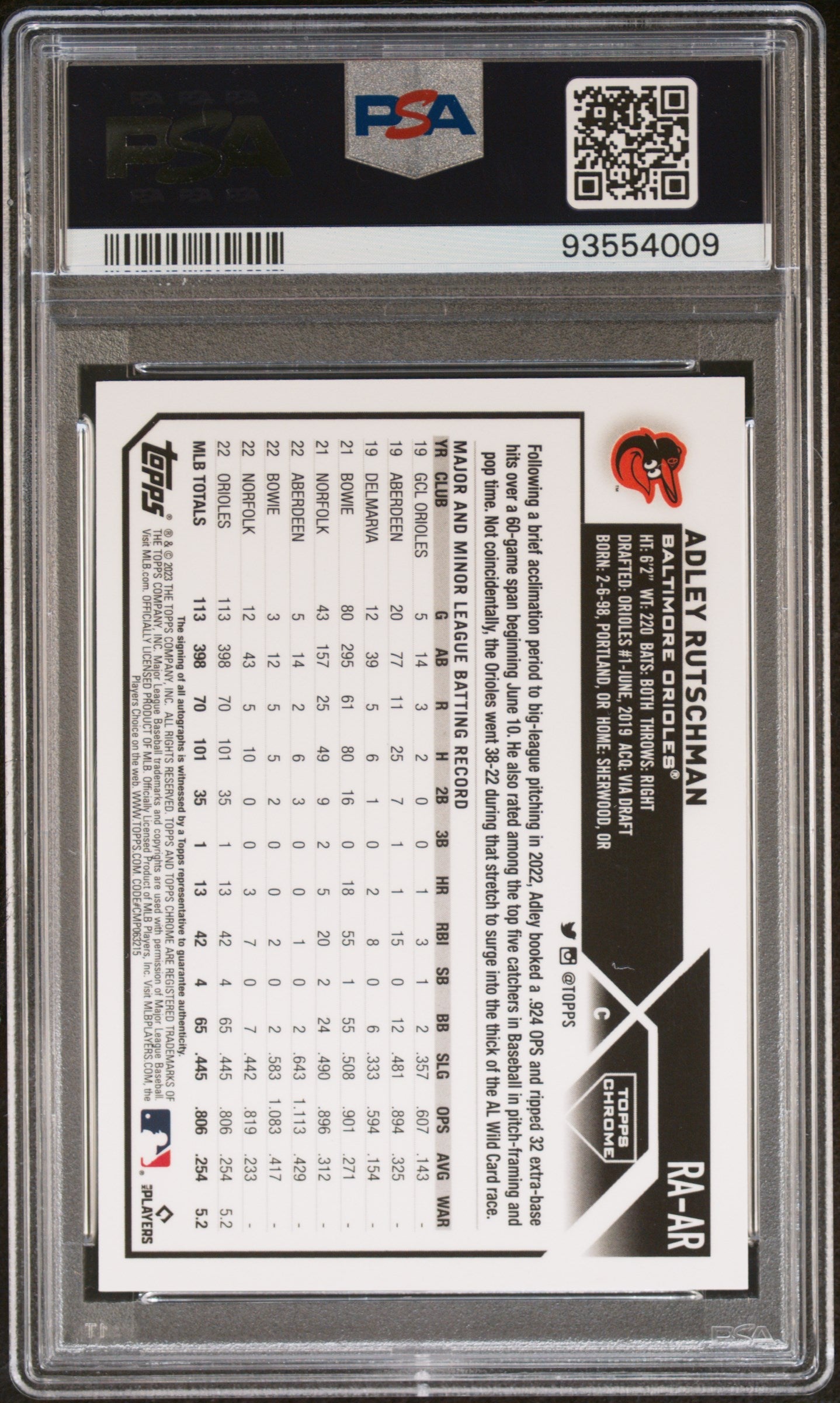 2023 Topps Chrome Rookie Autograph Adley Rutschman Gold Wave Ref #RAAR PSA 9 - Graded Sports Cards