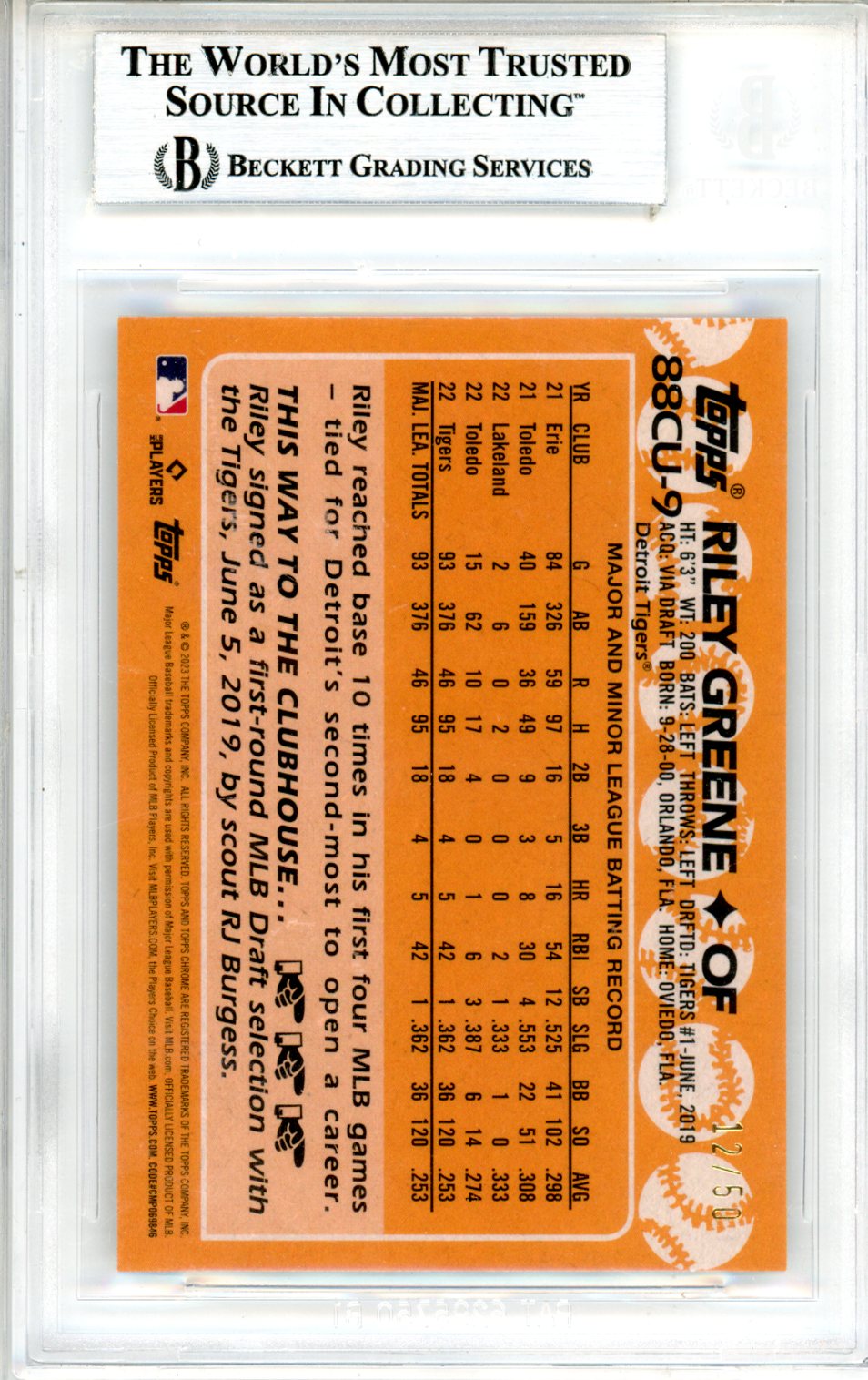 2023 Topps Chrome Update ’88 Topps Gold Refractors Riley Greene #88CU9 BGS 9 - Graded Sports Cards