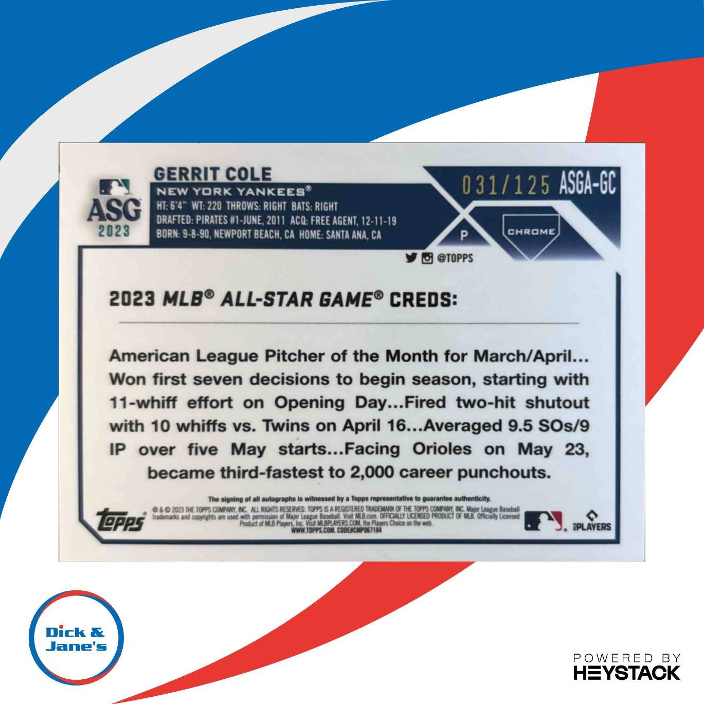 2023 Topps Chrome Update Gerrit Cole All Star Game Auto X Fractor/125 NY Yankees - Sports Cards