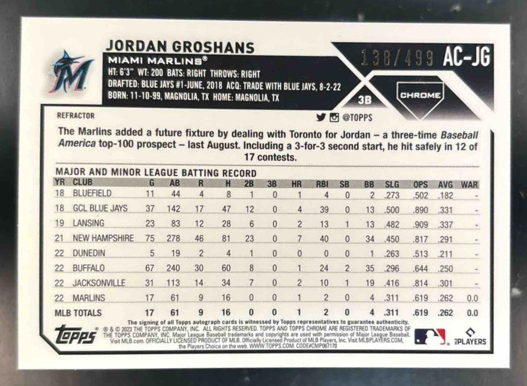 2023 Topps Chrome Update Jordan Groshans Auto Refractor /499 RC Miami Marlins - Sports Cards