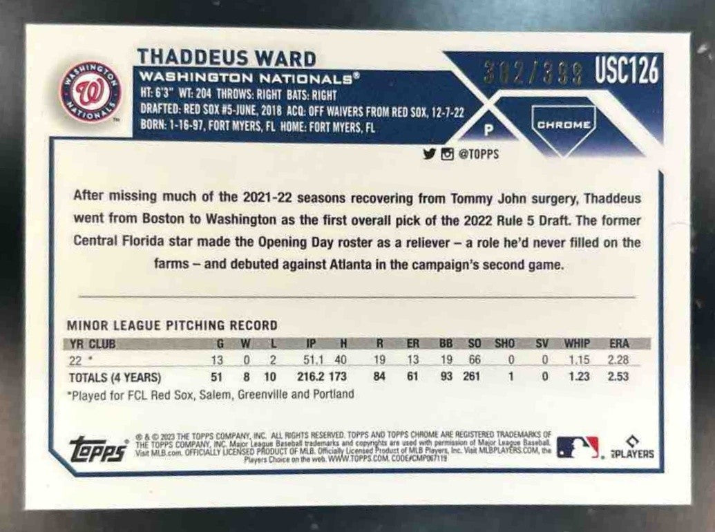 2023 Topps Chrome Update Thaddeus Ward Magenta /399 #USC126 RC Nationals - Sports Cards