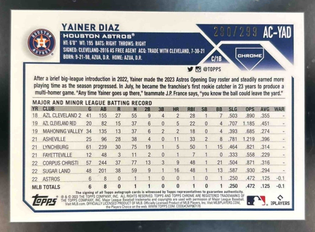 2023 Topps Chrome Update Yainer Diaz Auto Purple Speckle /299 RC Houston Astros - Sports Cards