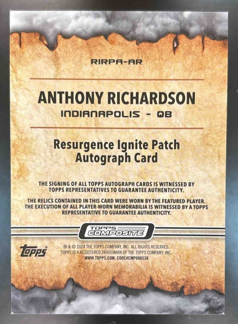2023 Topps Composite Anthony Richardson Resurgence Ignite Patch Auto /125 MEM RC - Sports Cards