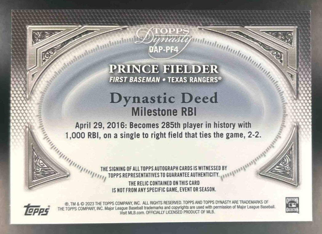 2023 Topps Dynasty Prince Fielder Auto Patch 9/10 #DAP-PF4 Texas Rangers - Sports Cards