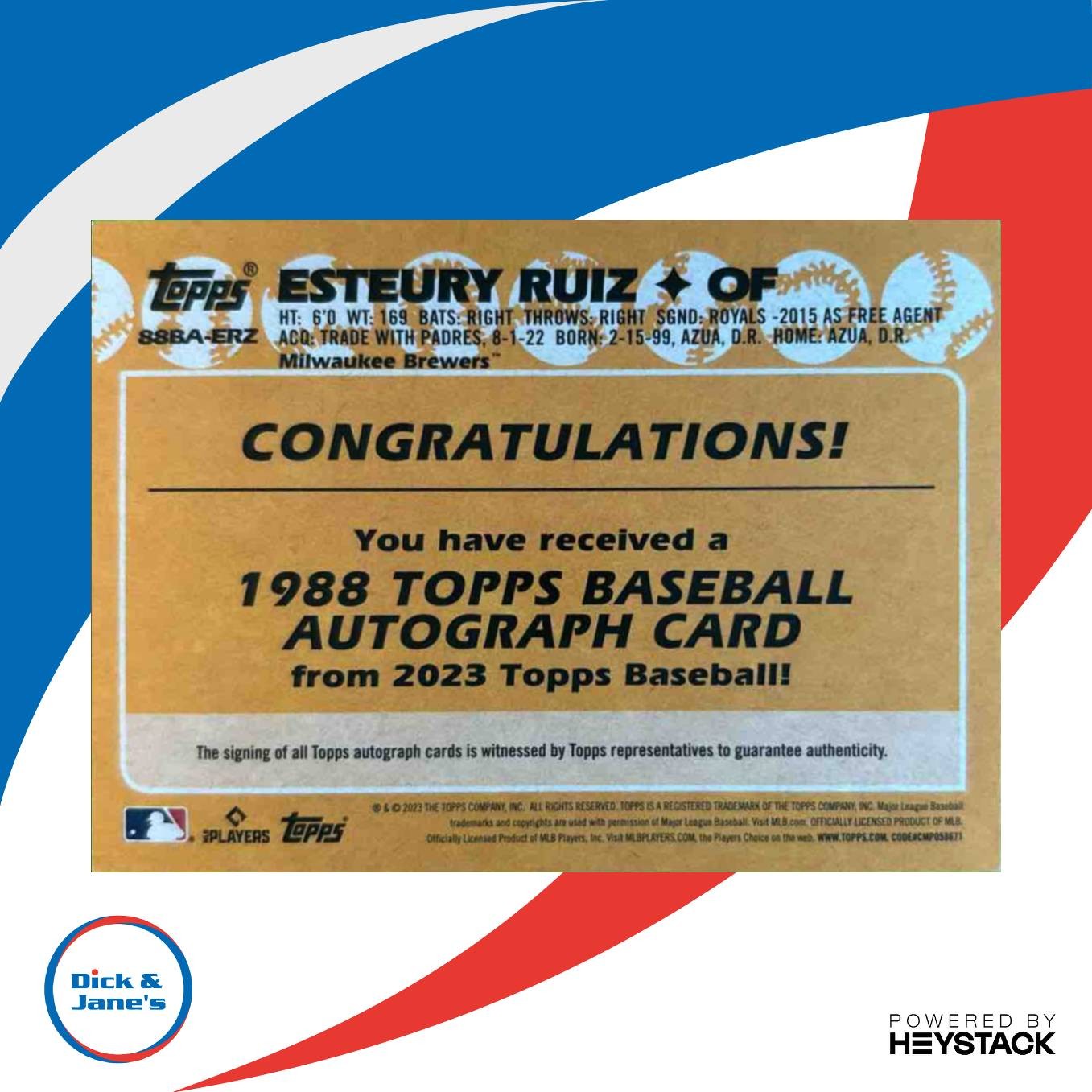 2023 Topps Esteury Ruiz 1988 Baseball 35th Anniversary Auto RC Milwaukee Brewers - Sports Cards