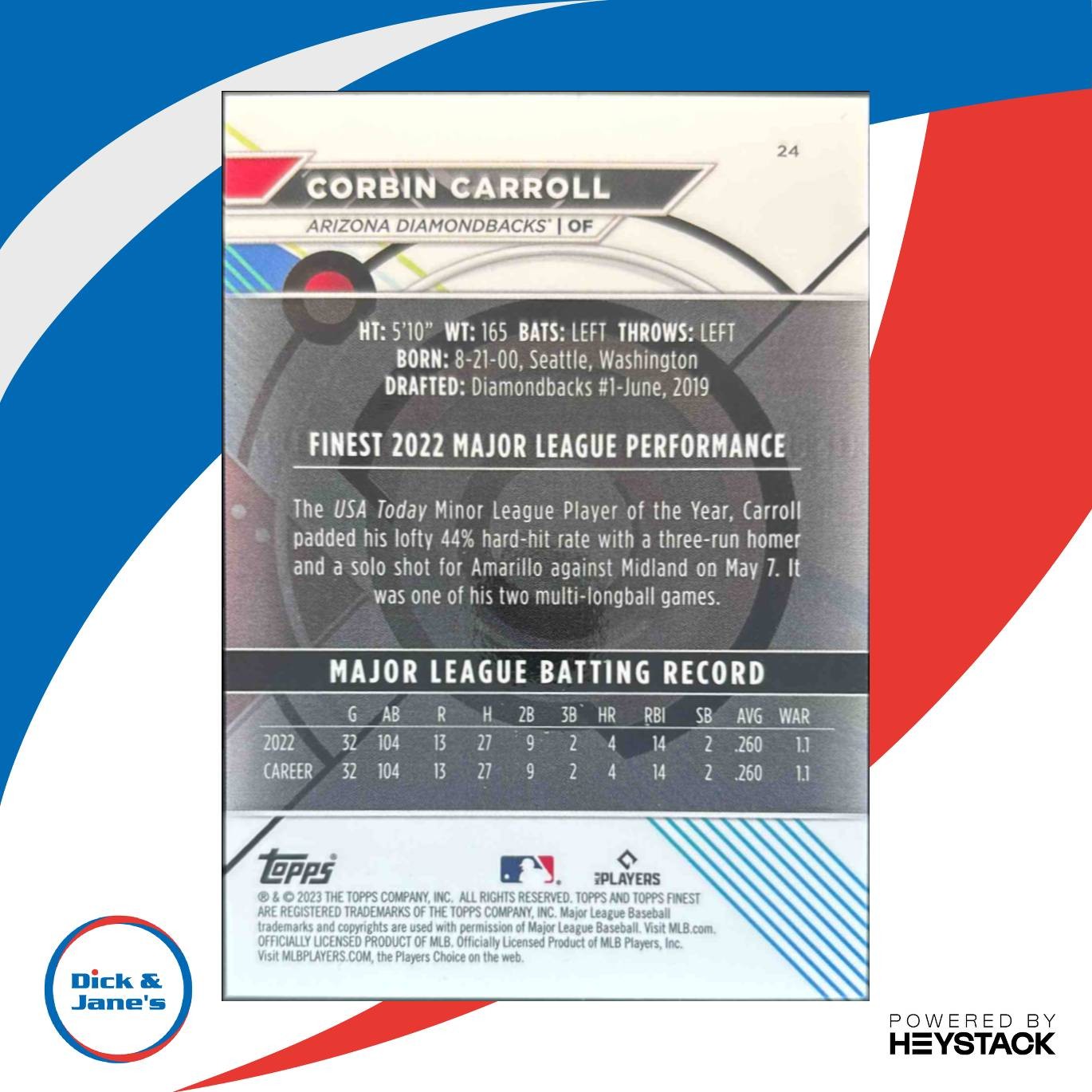 2023 Topps Finest Corbin Carroll Green Speckle Refractor/125 #24 RC Diamondbacks - Sports Cards