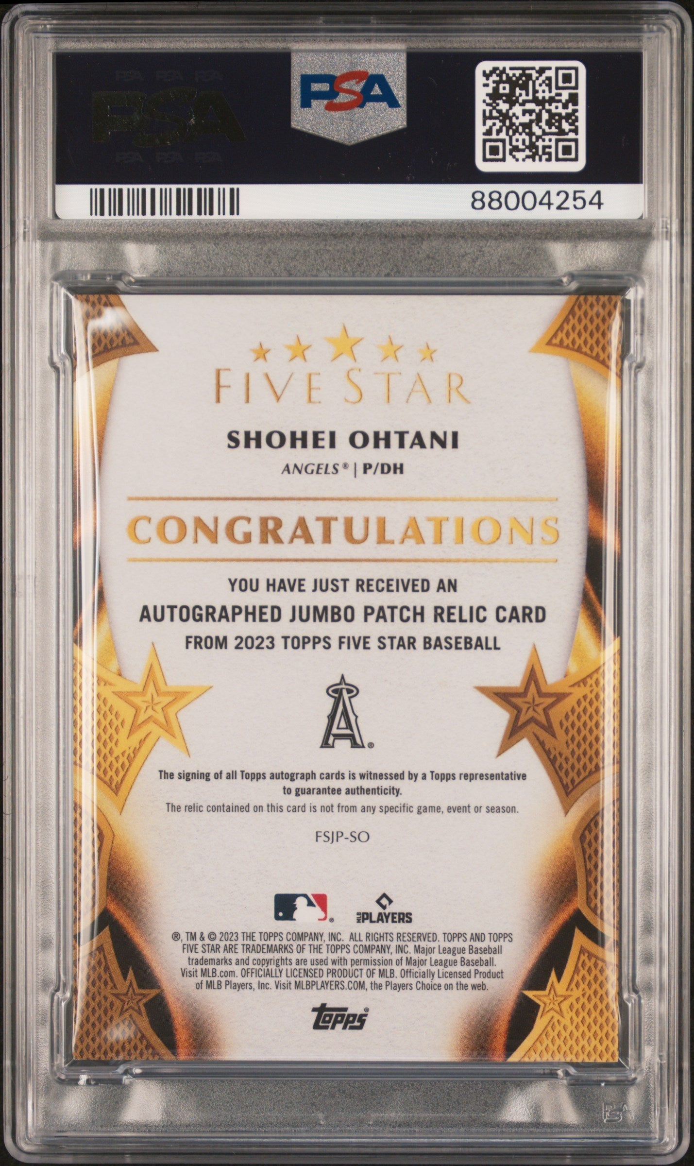 2023 Topps Five Star Autographed Jumbo Prime Relics Shohei Ohtani Gold/10 PSA 10 Graded Sports Cards