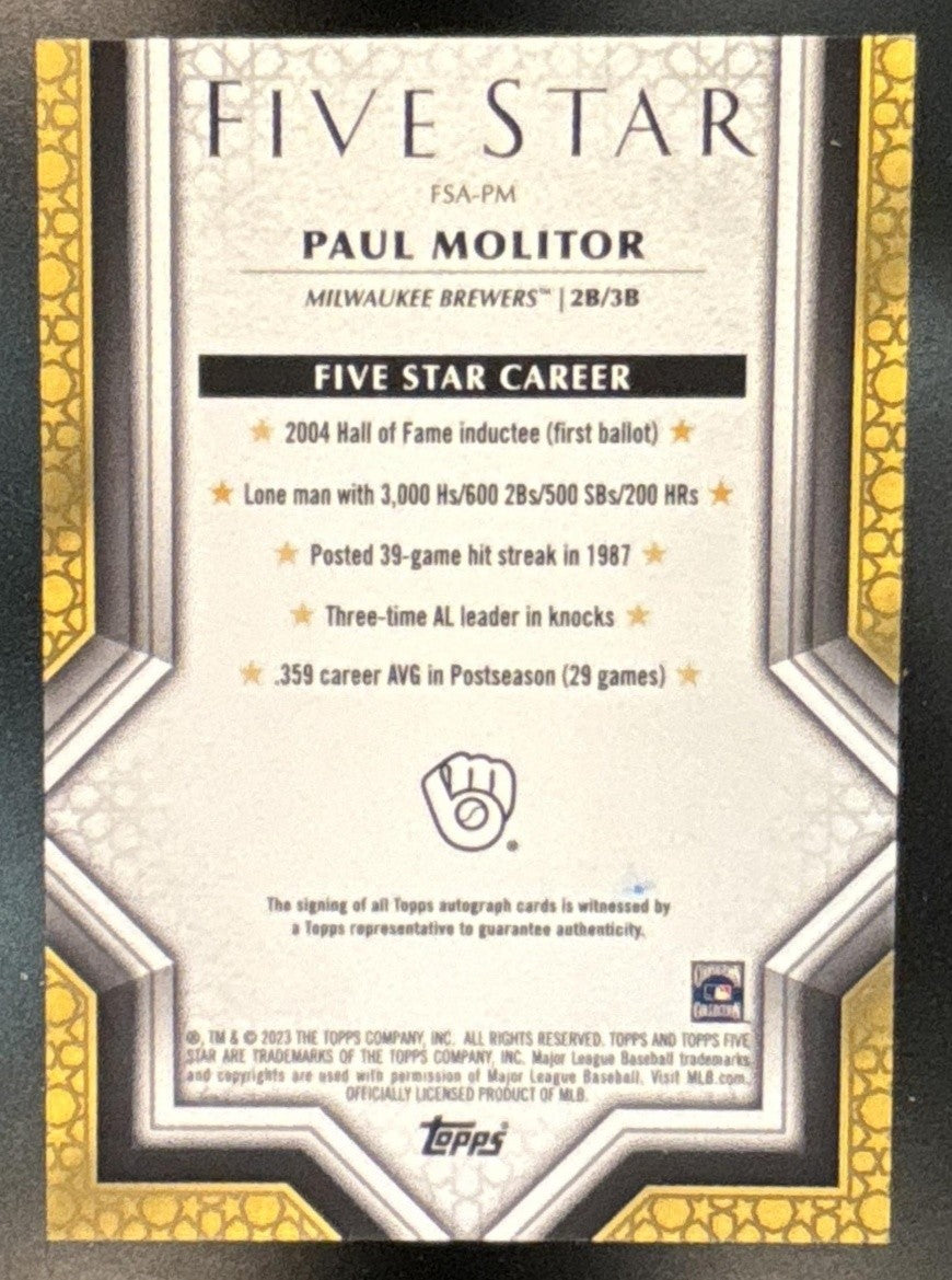 2023 Topps Five Star Paul Molitor Gold /10 #FSA-PM Auto Milwaukee Brewers - Sports Cards