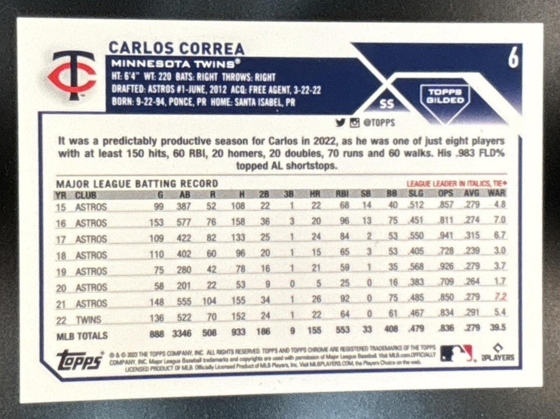 2023 Topps Gilded Collection Carlos Correa RayWave Gold Etch /25 Minnesota Twins - Sports Cards