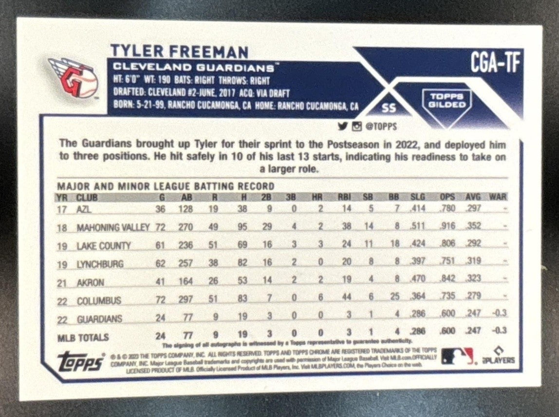 2023 Topps Gilded Collection Tyler Freeman Chrome Gold Etch Auto /99 RC Guardian - Sports Cards