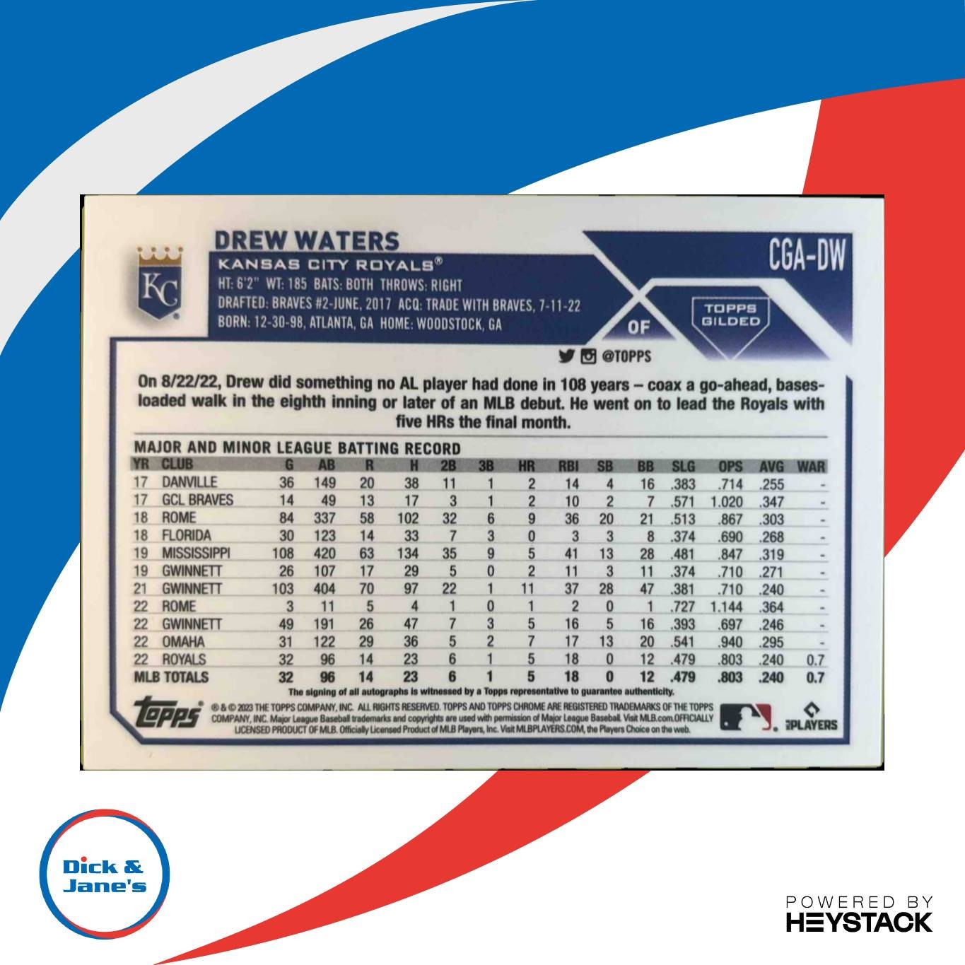 2023 Topps Gilded Drew Waters Chrome Gold Etch Auto Yellow Refractor /75 RC KC - Sports Cards