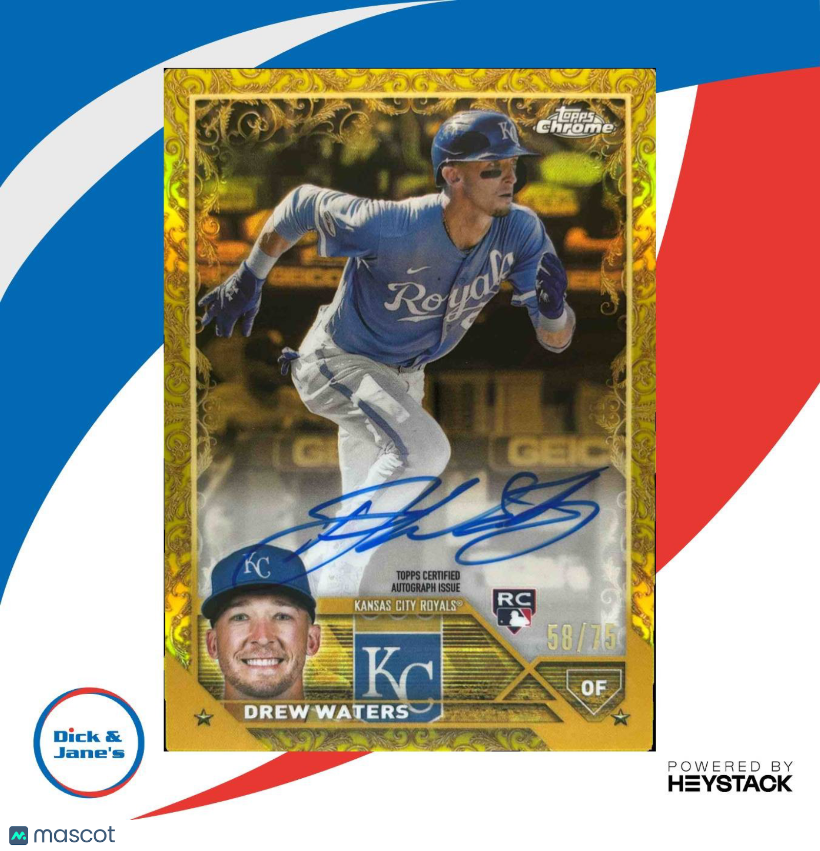 2023 Topps Gilded Drew Waters Chrome Gold Etch Auto Yellow Refractor /75 RC KC - Sports Cards