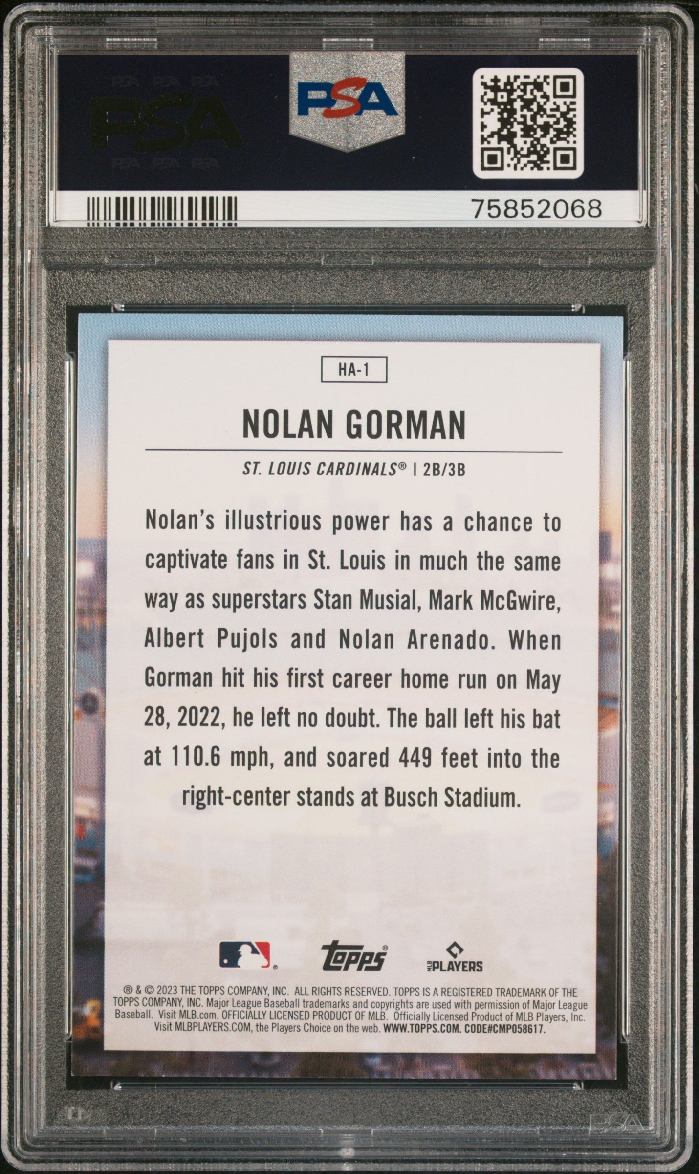 2023 Topps Home Field Advantage Nolan Gorman Rookie #HA1 PSA 8 Graded Sports Cards
