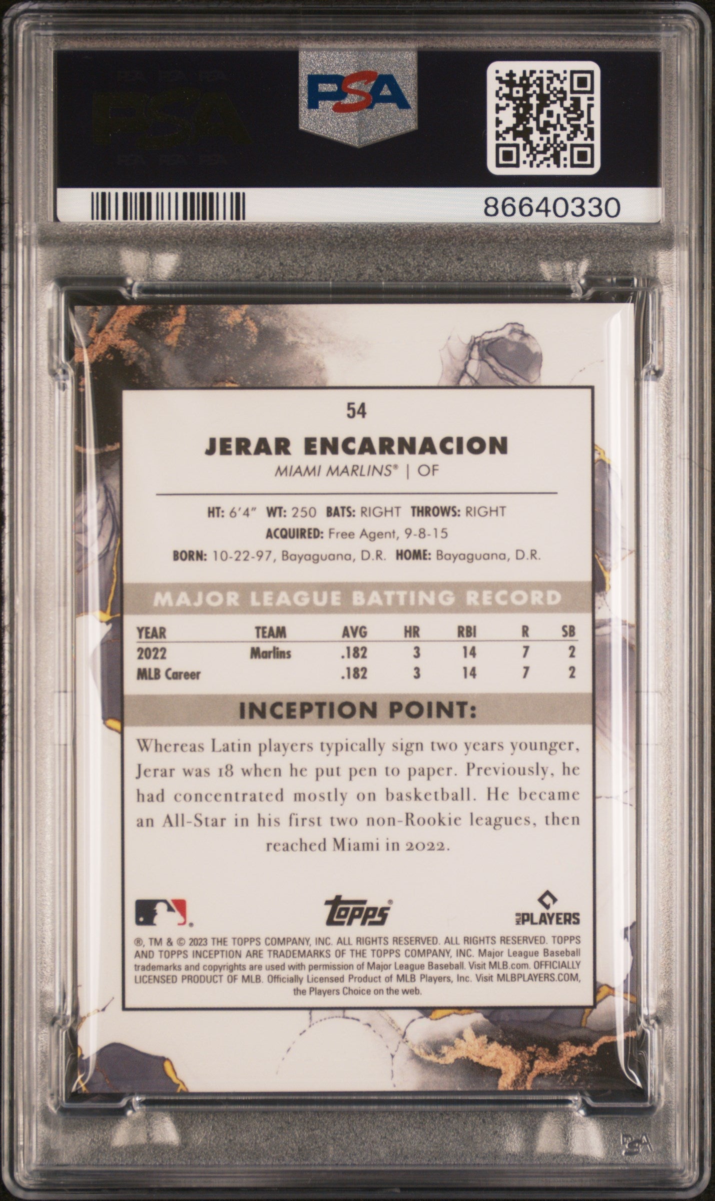 2023 Topps Inception Jerar Encarnacion Orange /50 #54 PSA 10 Baseball - Graded Sports Cards