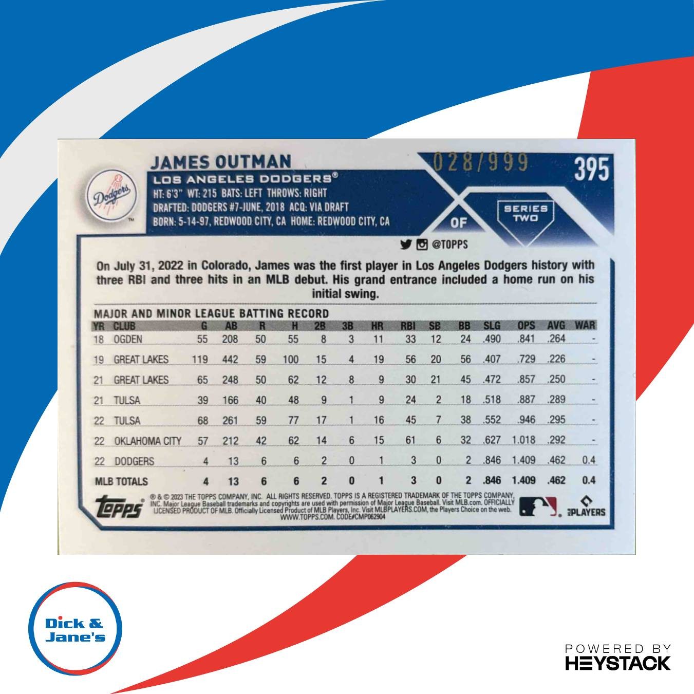 2023 Topps James Outman Blue Foilboard 28/999 #395 RC Los Angeles Dodgers - Sports Cards