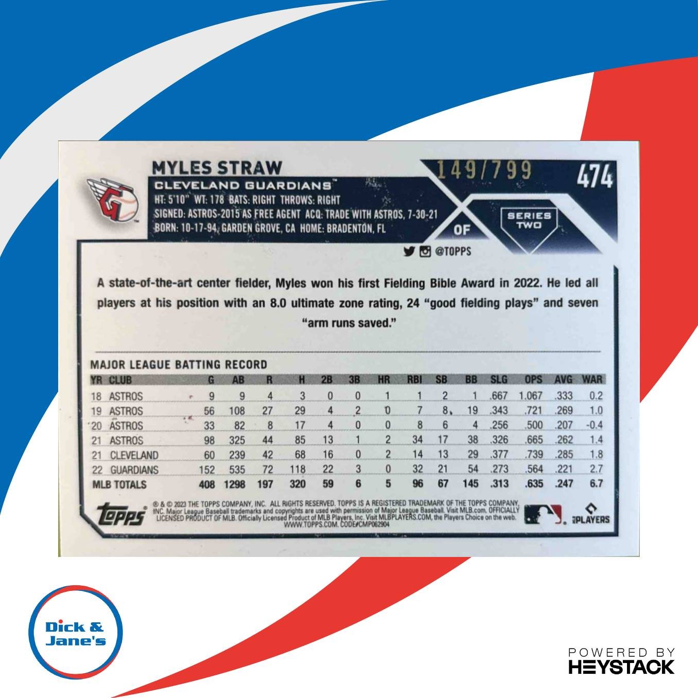 2023 Topps Myles Straw Purple Foilboard 149/799 #474 Cleveland Guardians - Sports Cards