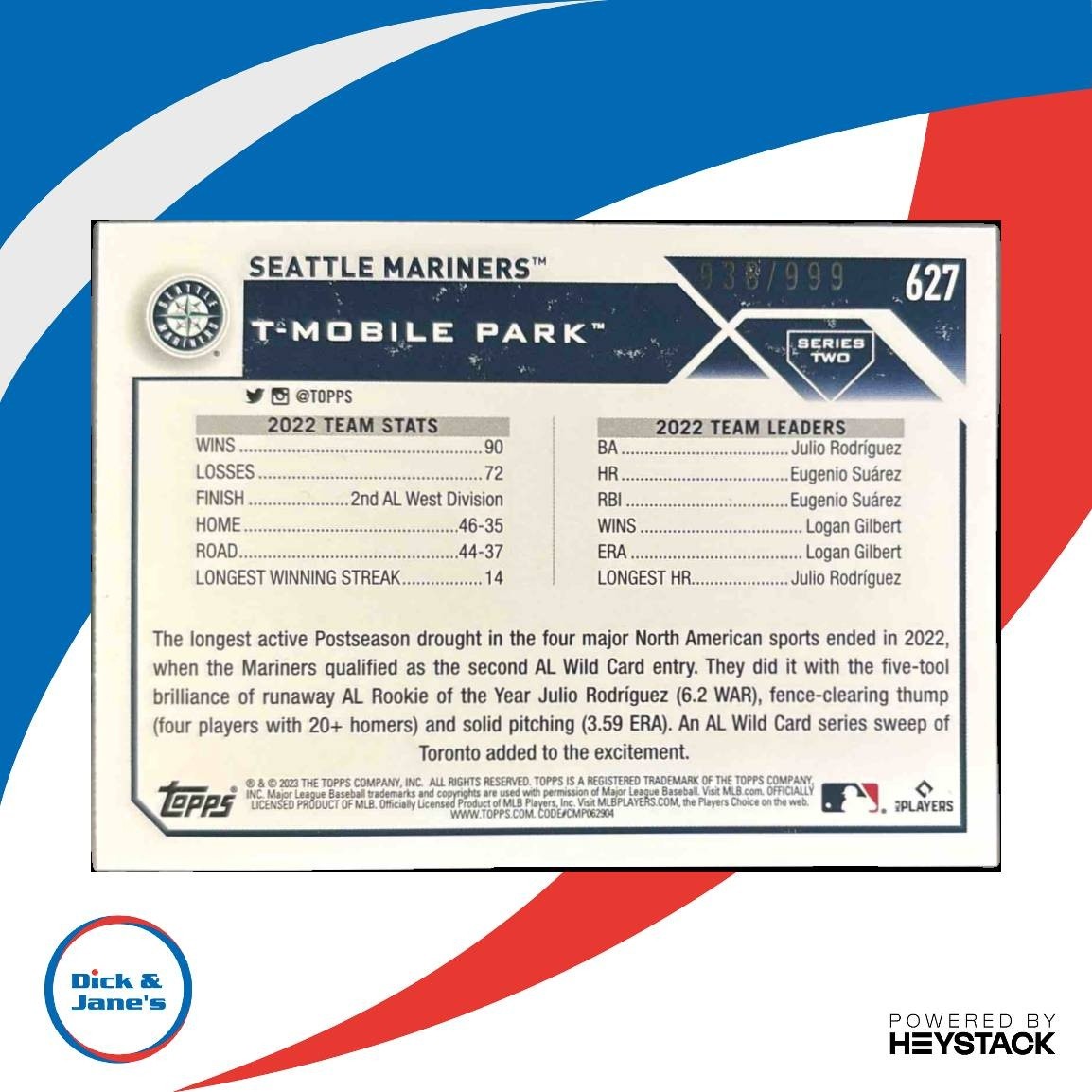 2023 Topps Seattle Mariners Blue Foilboard /999 #627 - Sports Cards