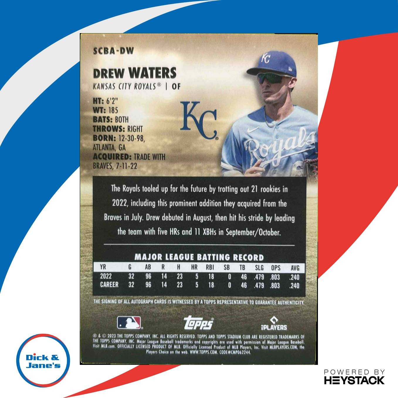 2023 Topps Stadium Club Drew Waters Auto #SCBA-DW RC Kansas City Royals - Sports Cards